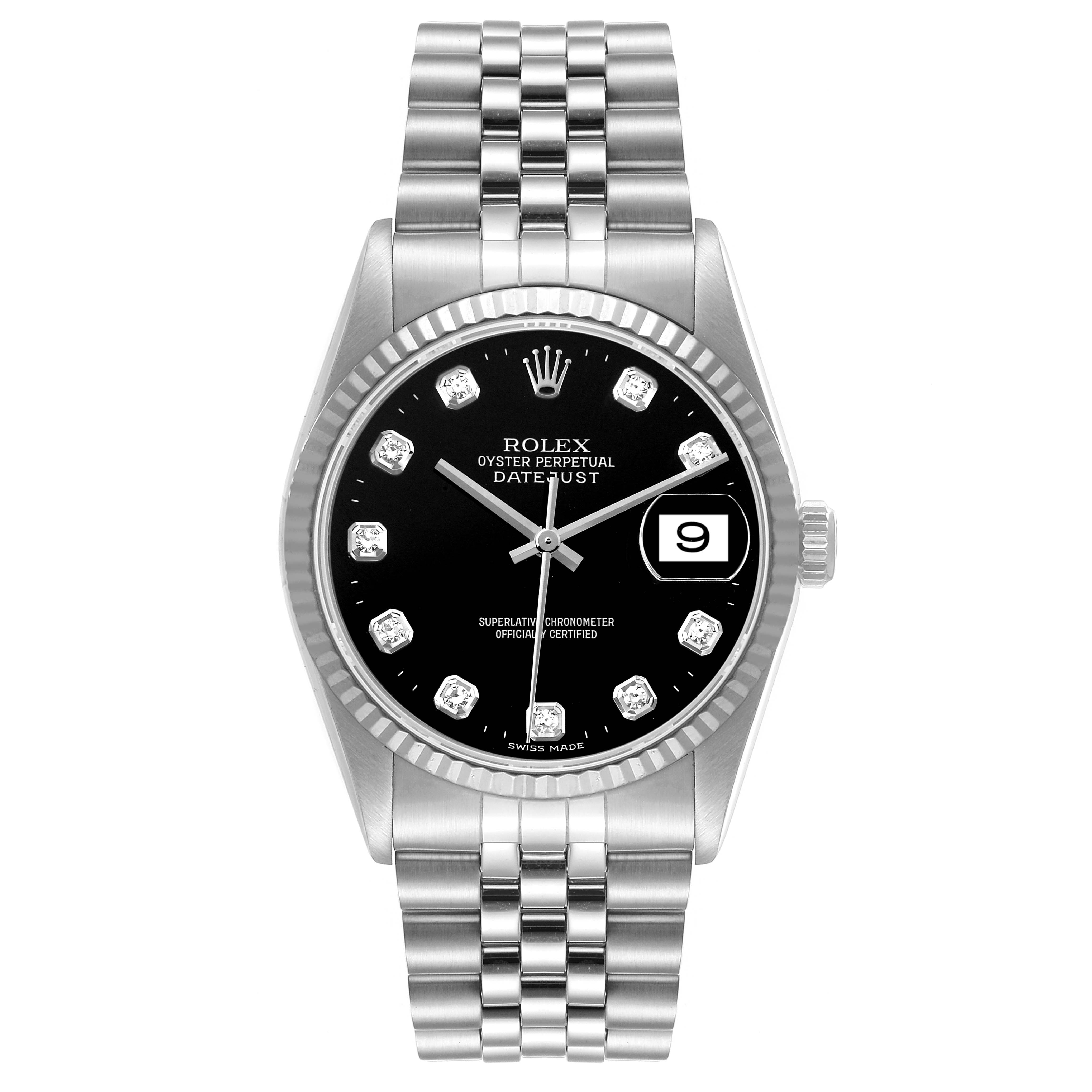 This image shows a front view of a Rolex Datejust 16234 Men's Stainless Steel Black Dial 16234 Men's Stainless Steel Black Dial watch with a black dial, diamond hour markers, date window, and Jubilee bracelet.