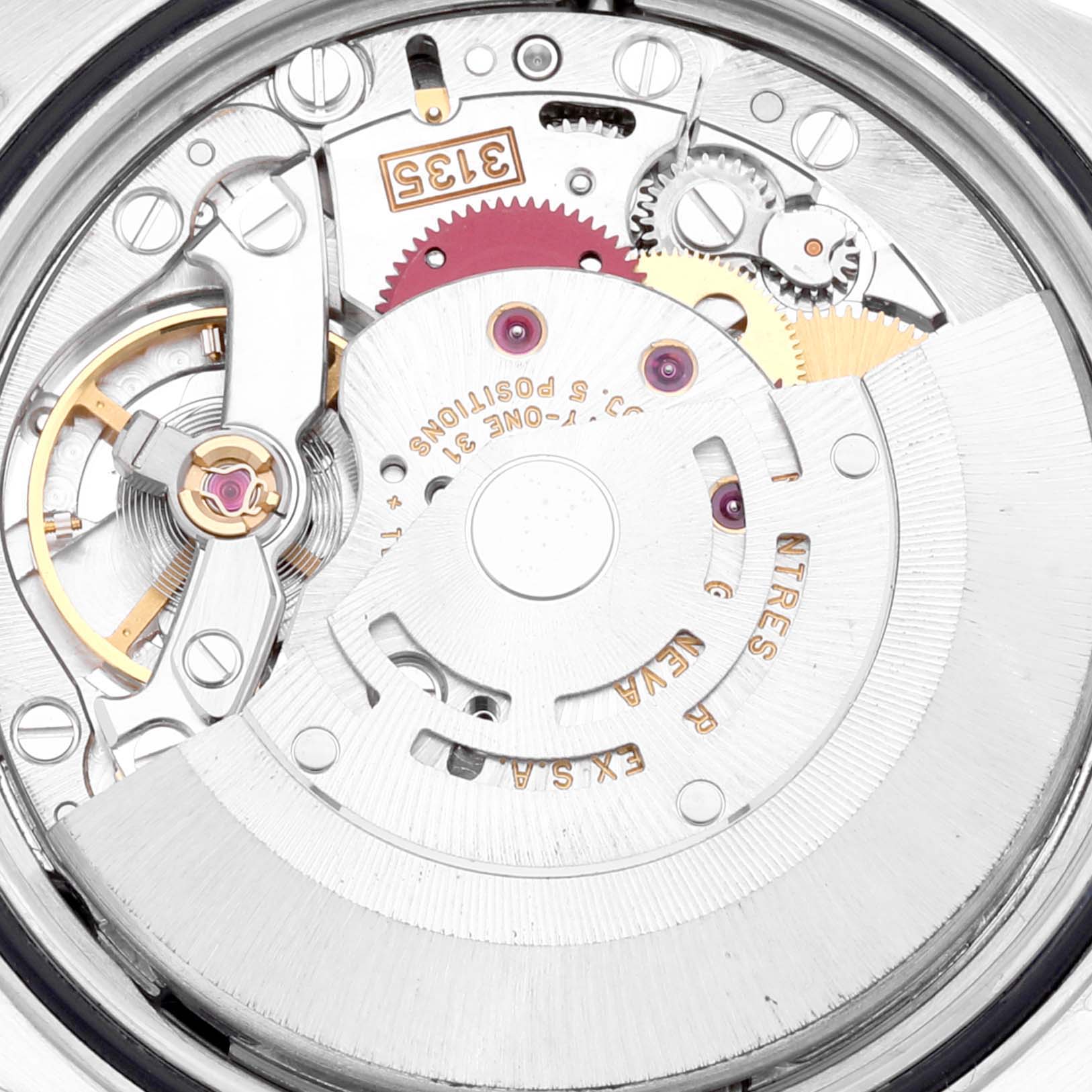 The image shows a close-up of the Rolex Datejust 16234 Men's Stainless Steel Black Dial 16234 Men's Stainless Steel Black Dial watch movement, highlighting the intricate components and gears.