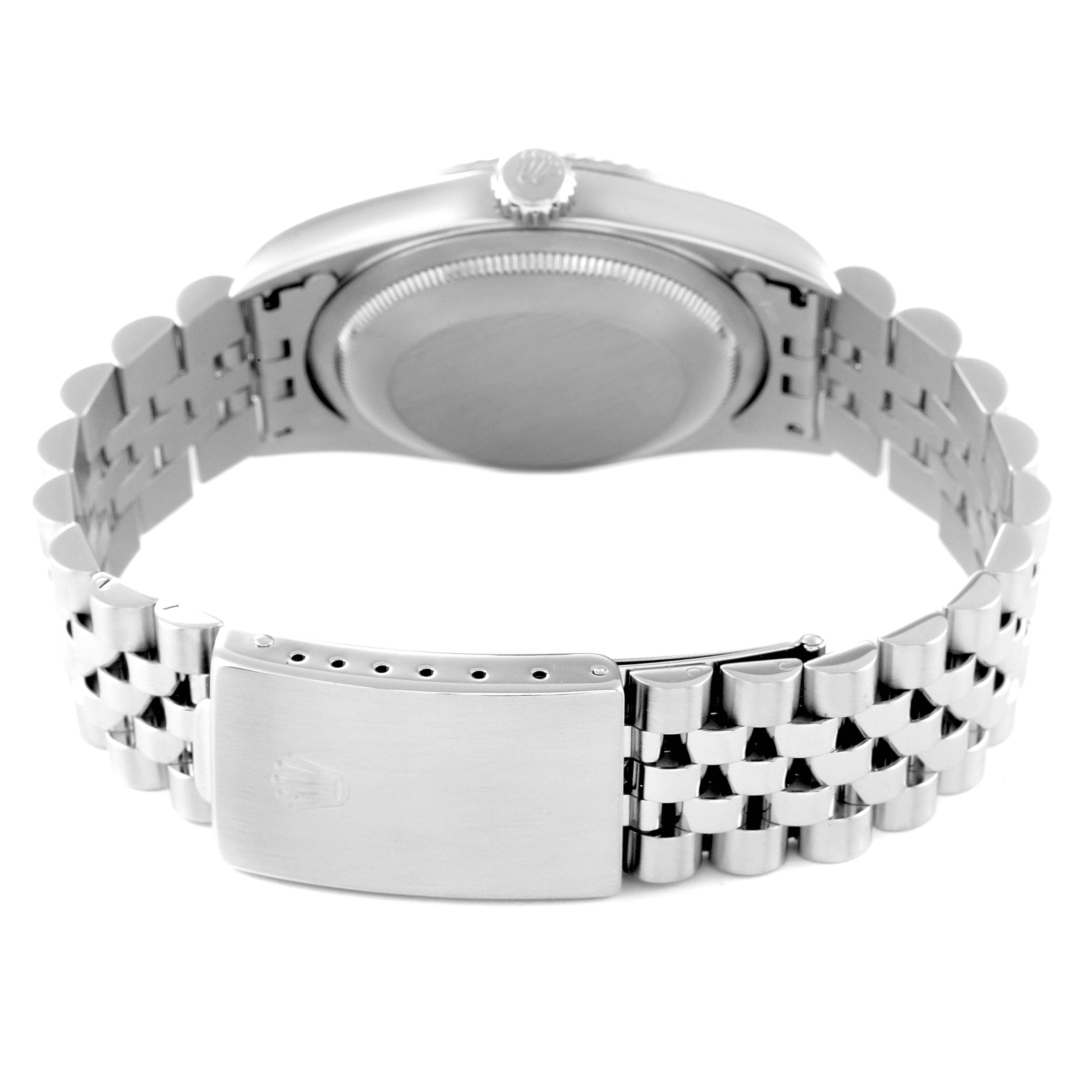 The image shows the back view of a Rolex Datejust 16234 Men's Stainless Steel Black Dial 16234 Men's Stainless Steel Black Dial watch, highlighting its Jubilee bracelet and clasp.