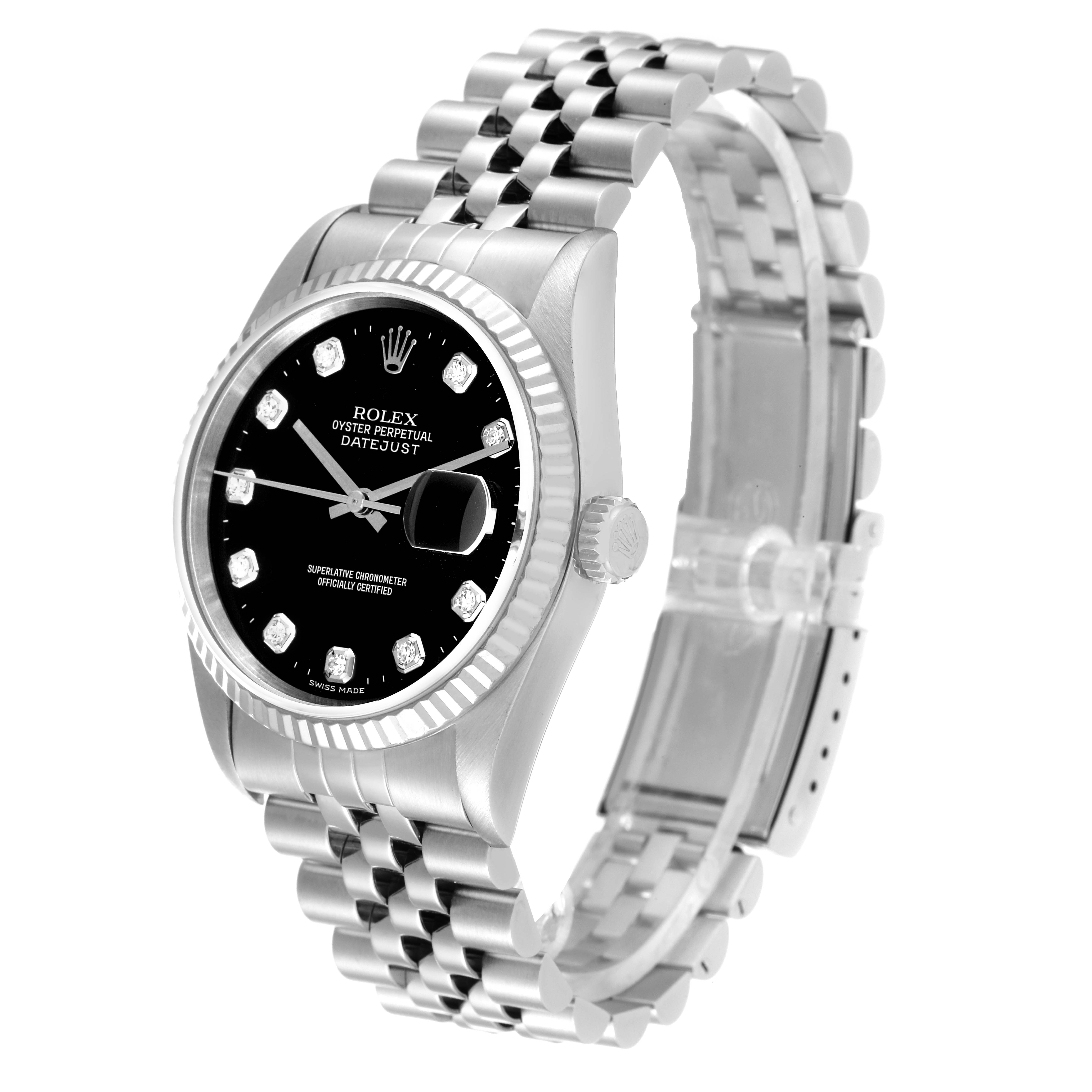 This image shows the front and side view of the Rolex Datejust 16234 Men's Stainless Steel Black Dial 16234 Men's Stainless Steel Black Dial watch, highlighting the dial, bezel, crown, and bracelet.