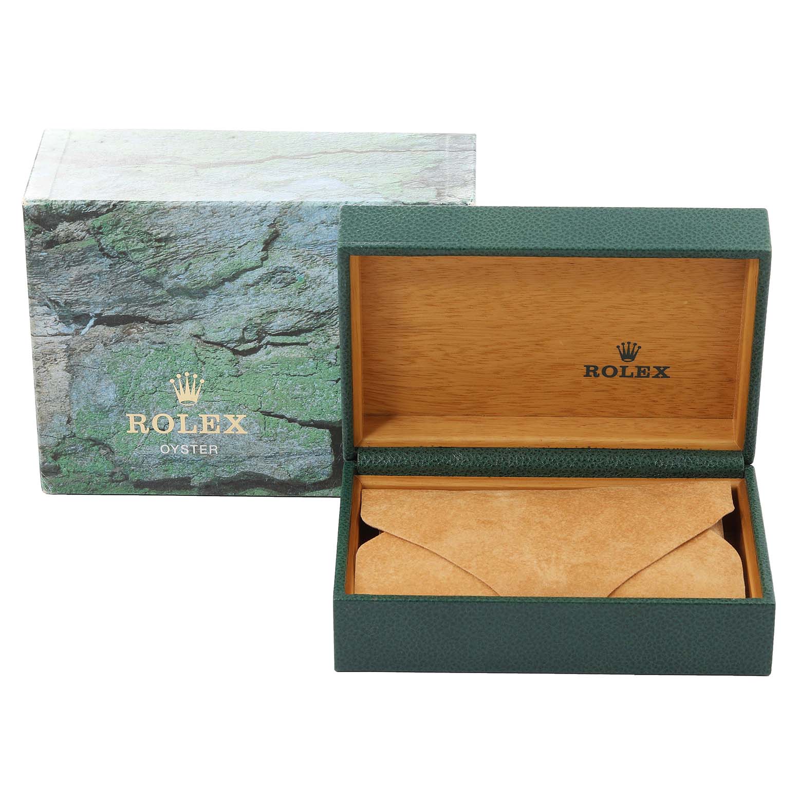 This image shows a Rolex Datejust 16234 Men's Stainless Steel Black Dial 16234 Men's Stainless Steel Black Dial green and wooden watch box with its lid open, packaging included.