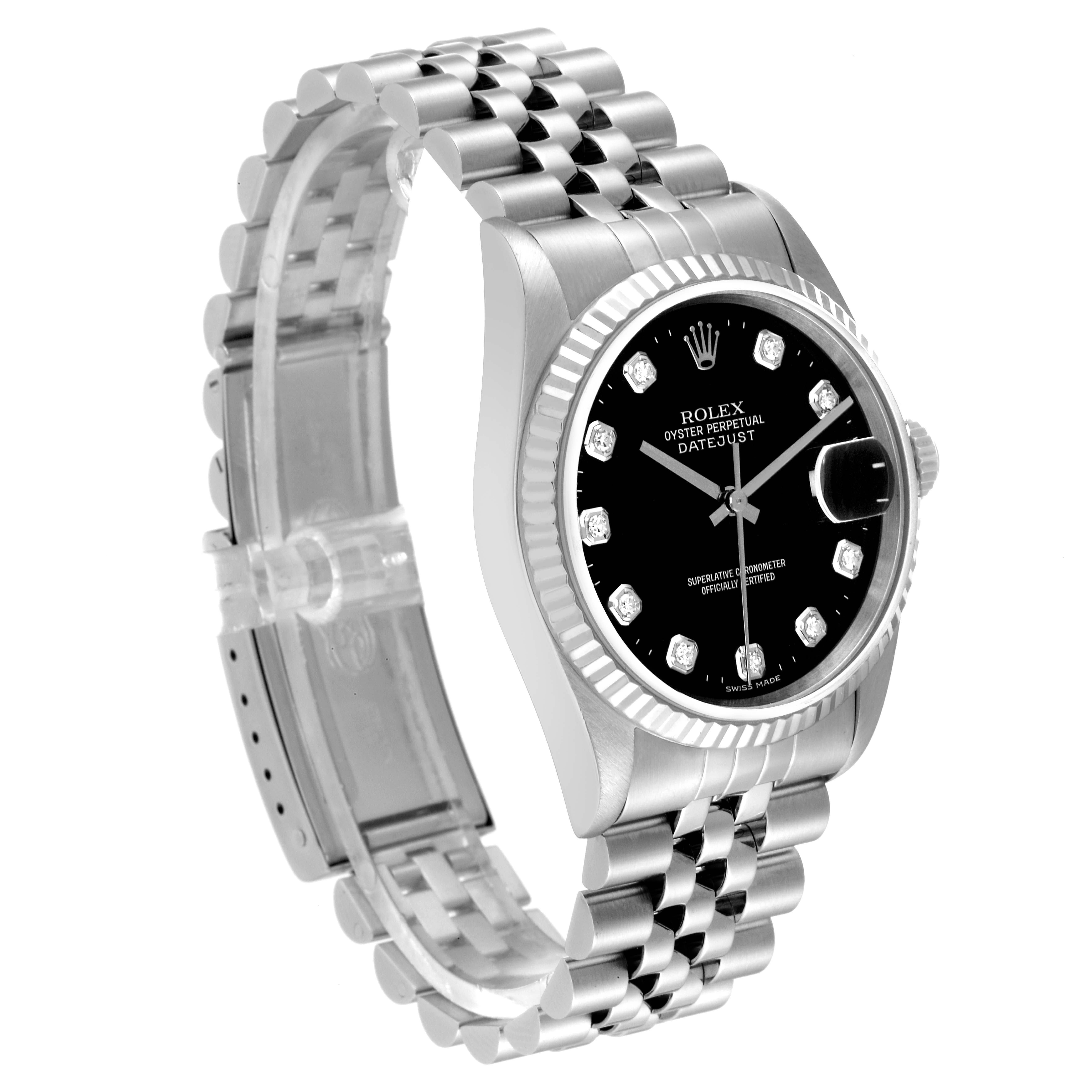 The Rolex Datejust 16234 Men's Stainless Steel Black Dial 16234 Men's Stainless Steel Black Dial watch is shown at an angle that displays its face, bezel, crown, and bracelet.