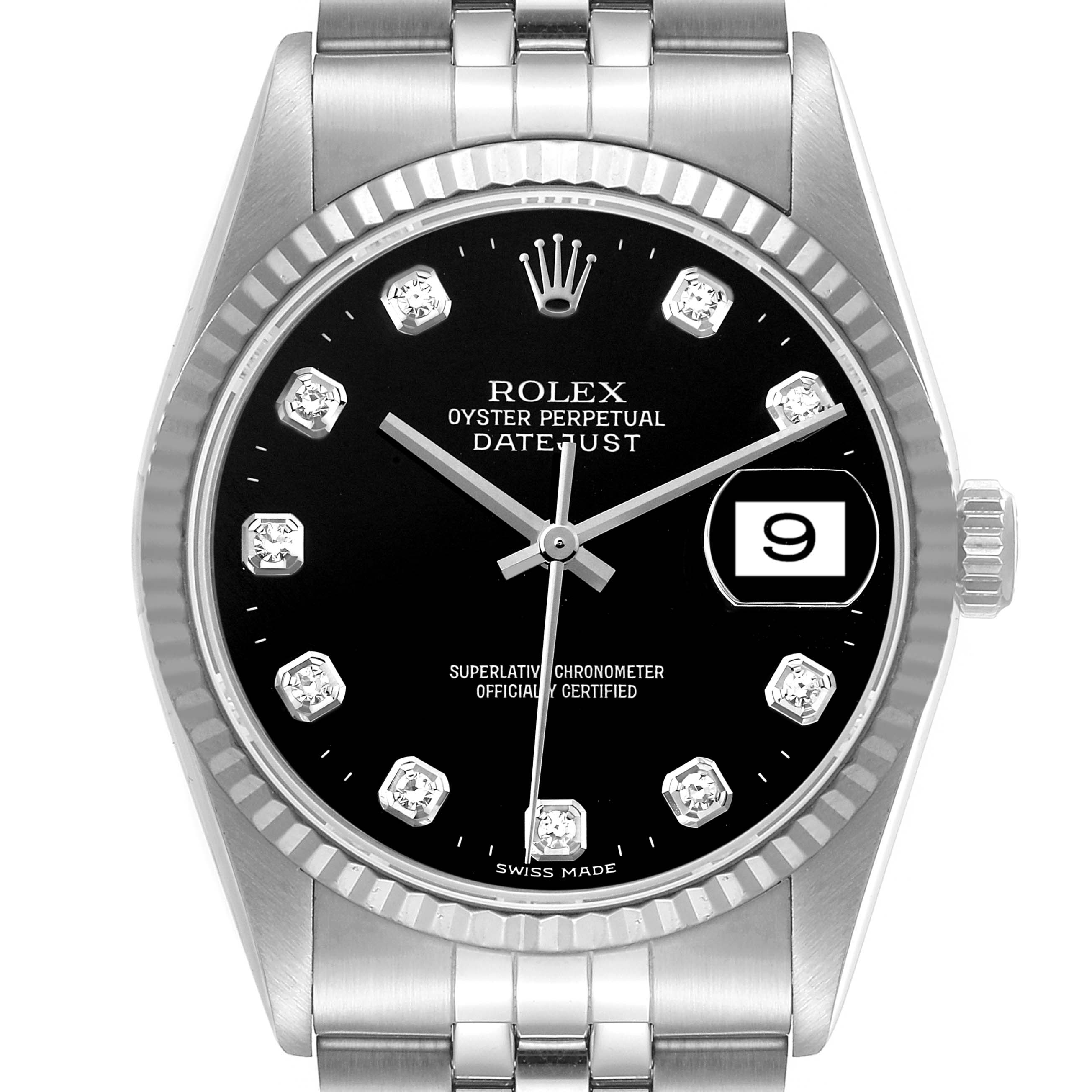 This is a front view of the Rolex Datejust 16234 Men's Stainless Steel Black Dial 16234 Men's Stainless Steel Black Dial watch, showcasing its black dial, date display, and fluted bezel.