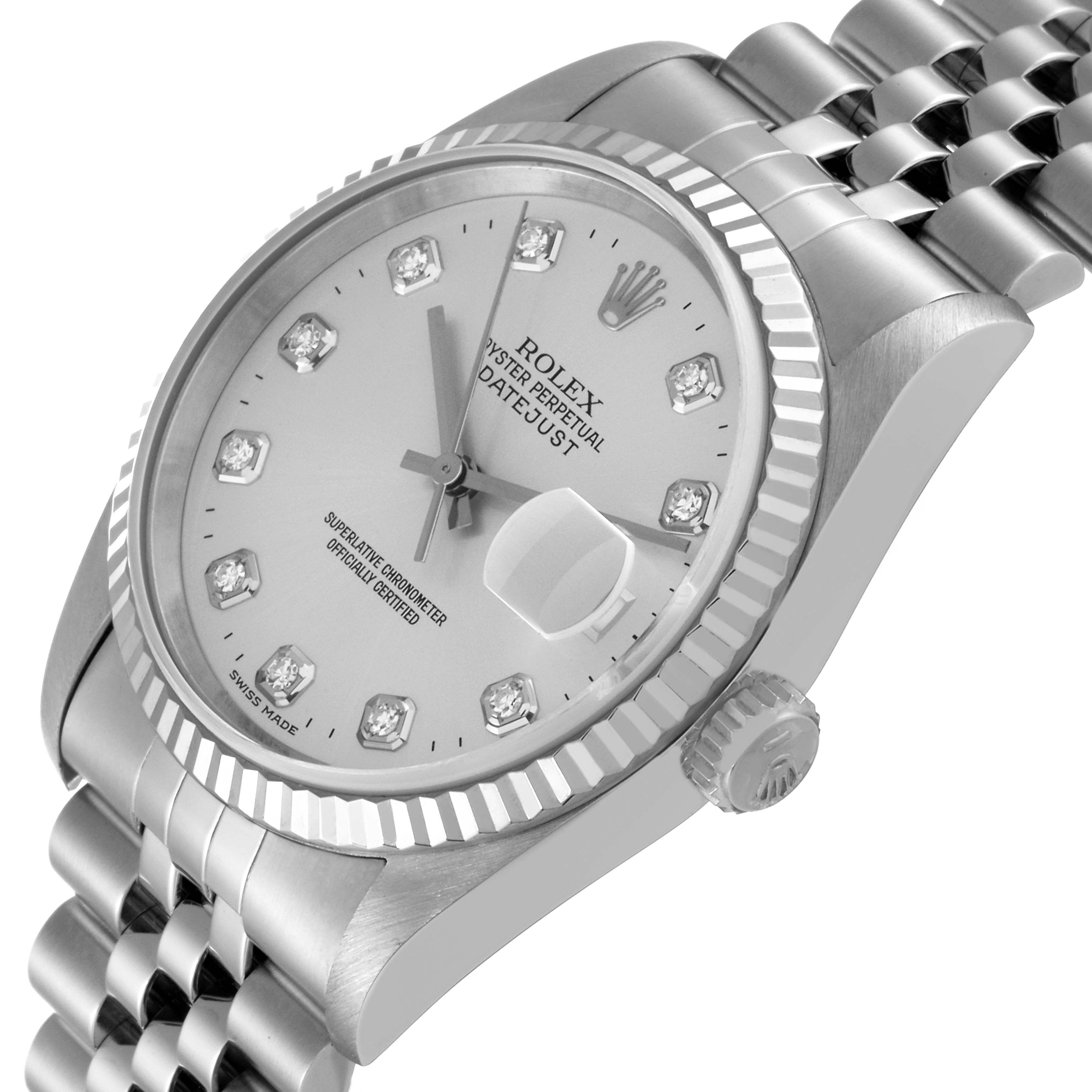 The image shows a slanted side view of the Rolex Datejust 16234 Men's Stainless Steel Silver Dial 16234 Men's Stainless Steel Silver Dial watch, highlighting the dial, bezel, and part of the bracelet.