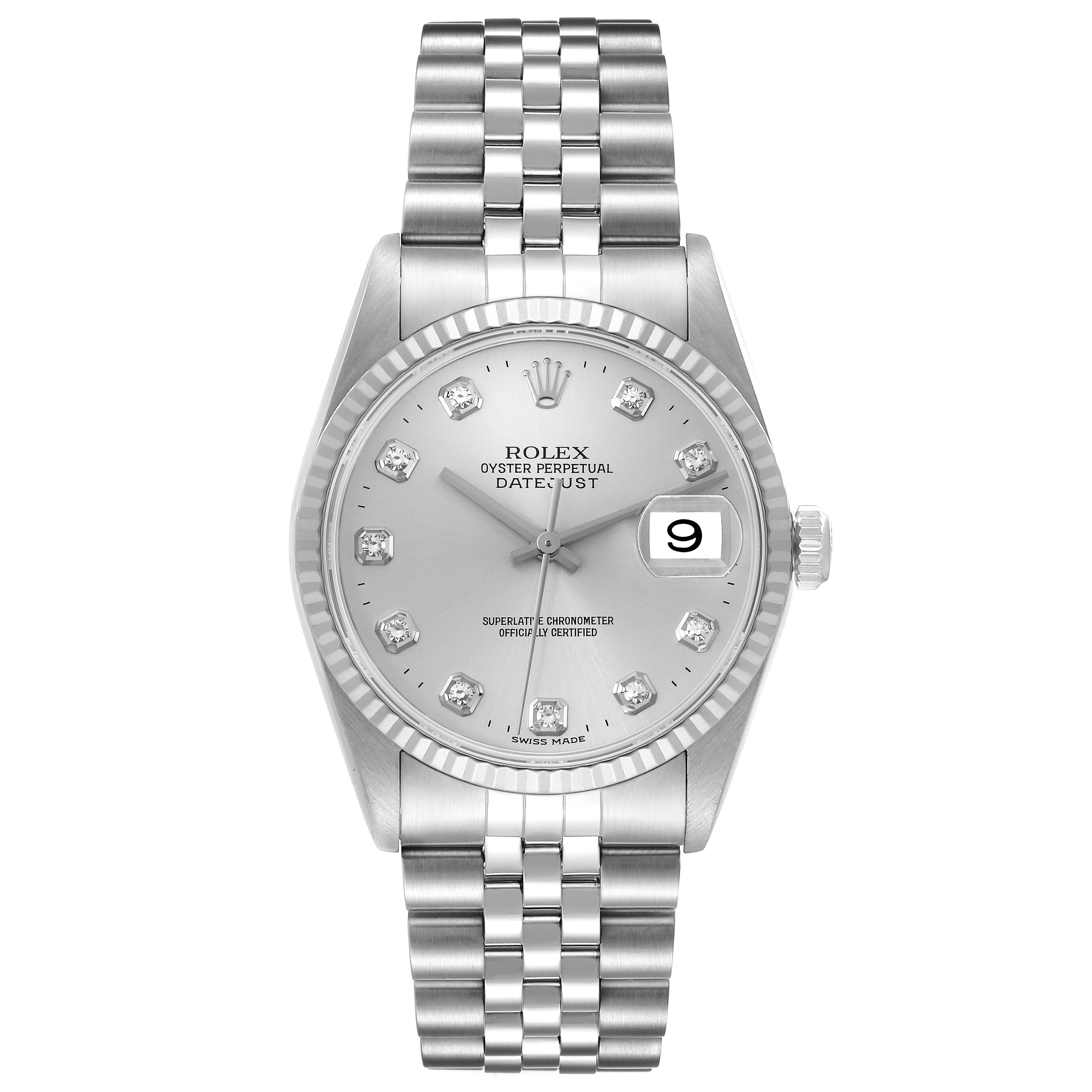 The image shows a Rolex Datejust 16234 Men's Stainless Steel Silver Dial 16234 Men's Stainless Steel Silver Dial wristwatch from a top-down angle, highlighting the dial, date window, and bracelet.