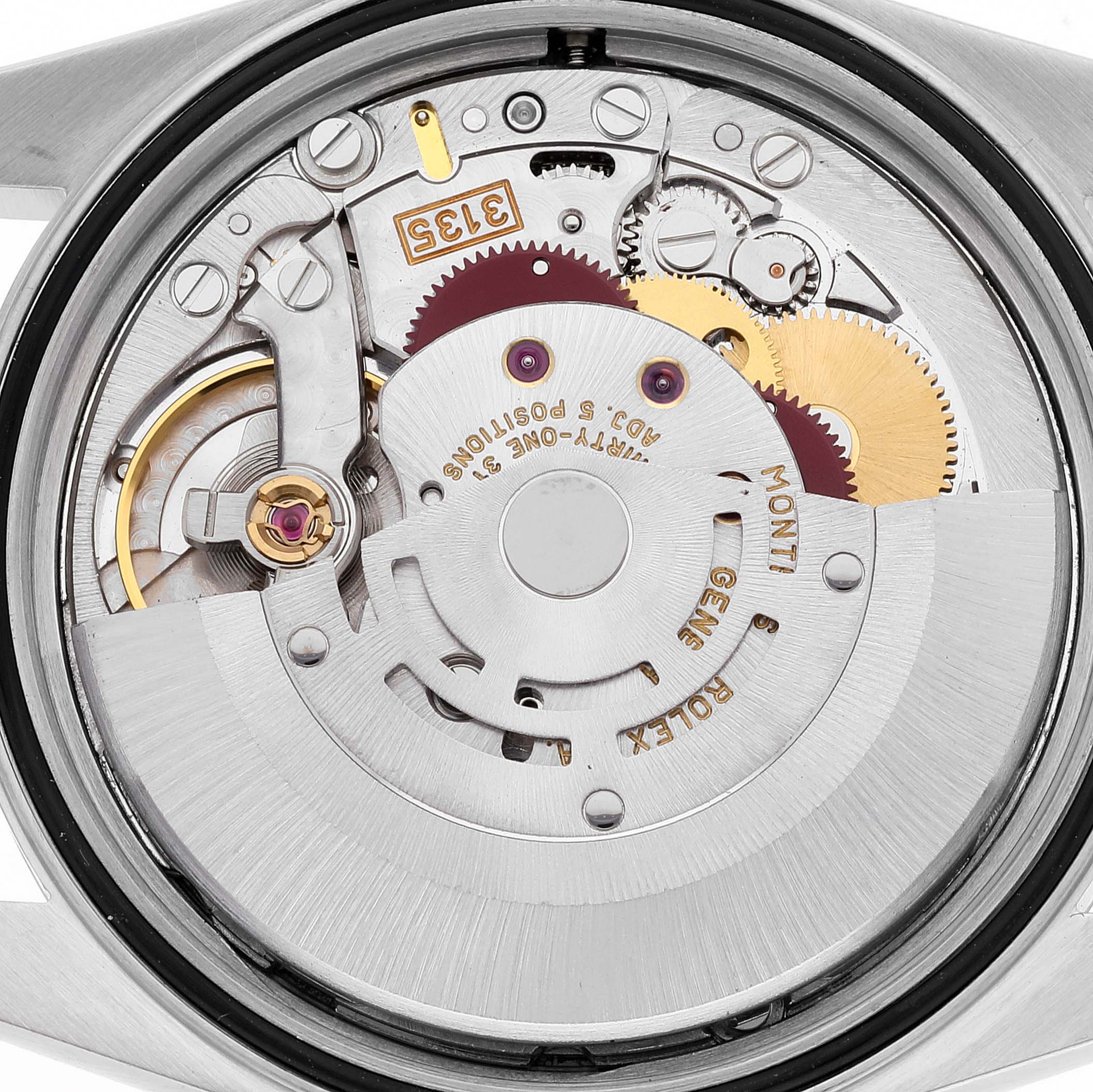 This image shows the movement and inner workings of a Rolex Datejust 16234 Men's Stainless Steel Silver Dial 16234 Men's Stainless Steel Silver Dial watch from a back angle.