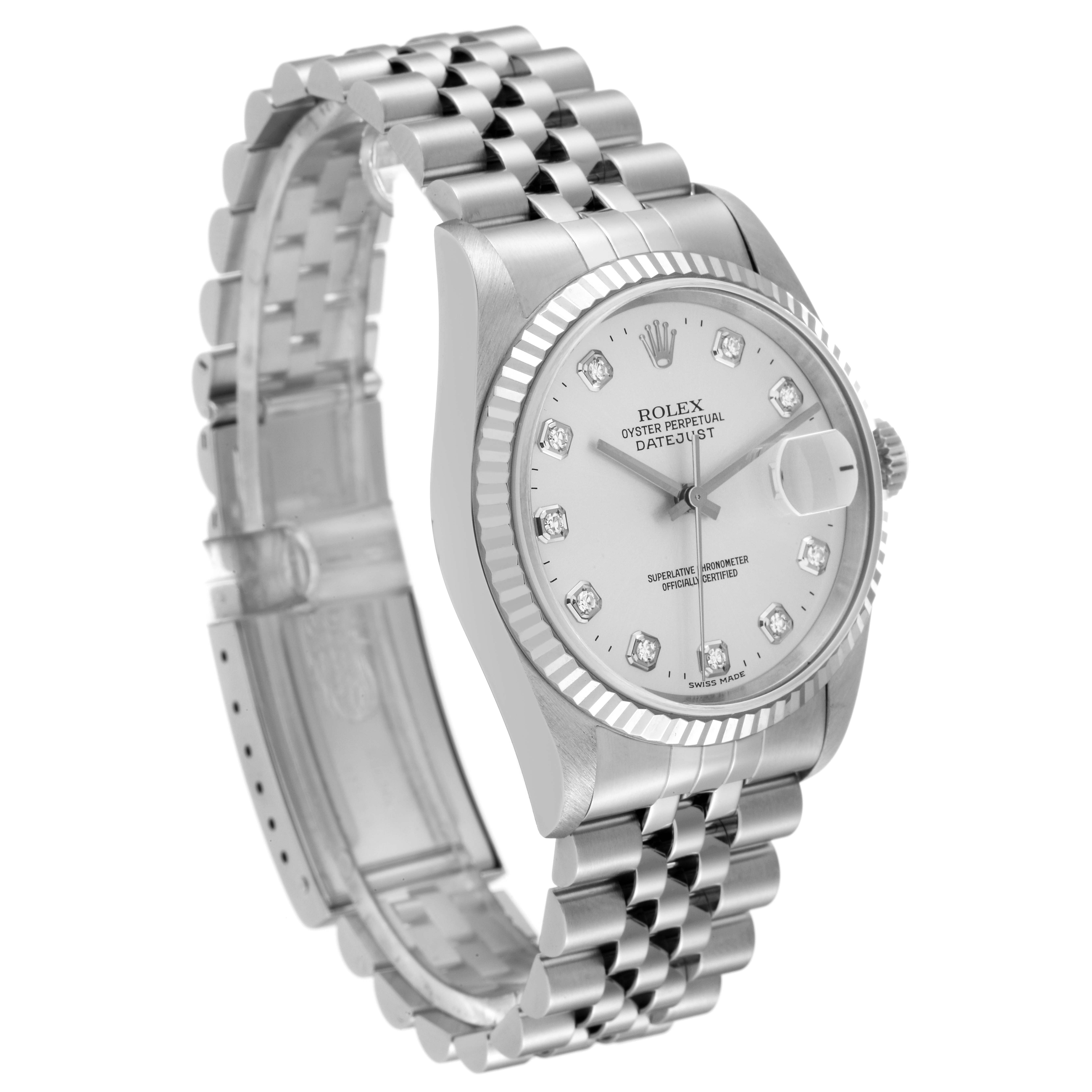 This Rolex Datejust 16234 Men's Stainless Steel Silver Dial 16234 Men's Stainless Steel Silver Dial watch is shown at a three-quarter angle, highlighting the bezel, dial, bracelet, and clasp.
