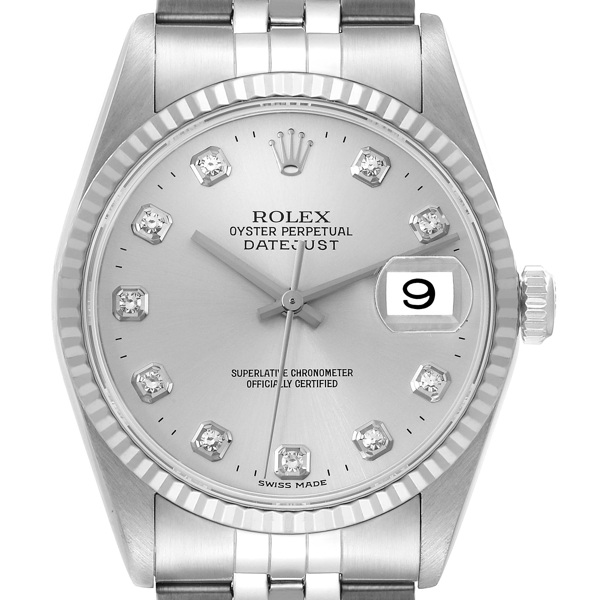This image shows the Rolex Datejust 16234 Men's Stainless Steel Silver Dial 16234 Men's Stainless Steel Silver Dial watch face straight on, including the dial, date window, hands, and part of the bracelet.