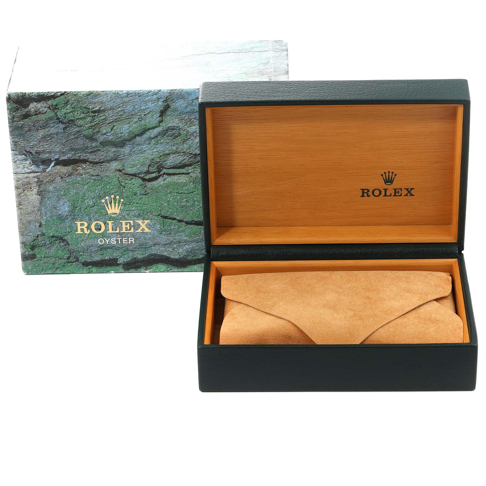 The image shows a Rolex Datejust 16234 Men's Stainless Steel Silver Dial 16234 Men's Stainless Steel Silver Dial watch box and packaging from a frontal angle; the box is open, revealing an empty suede pouch.