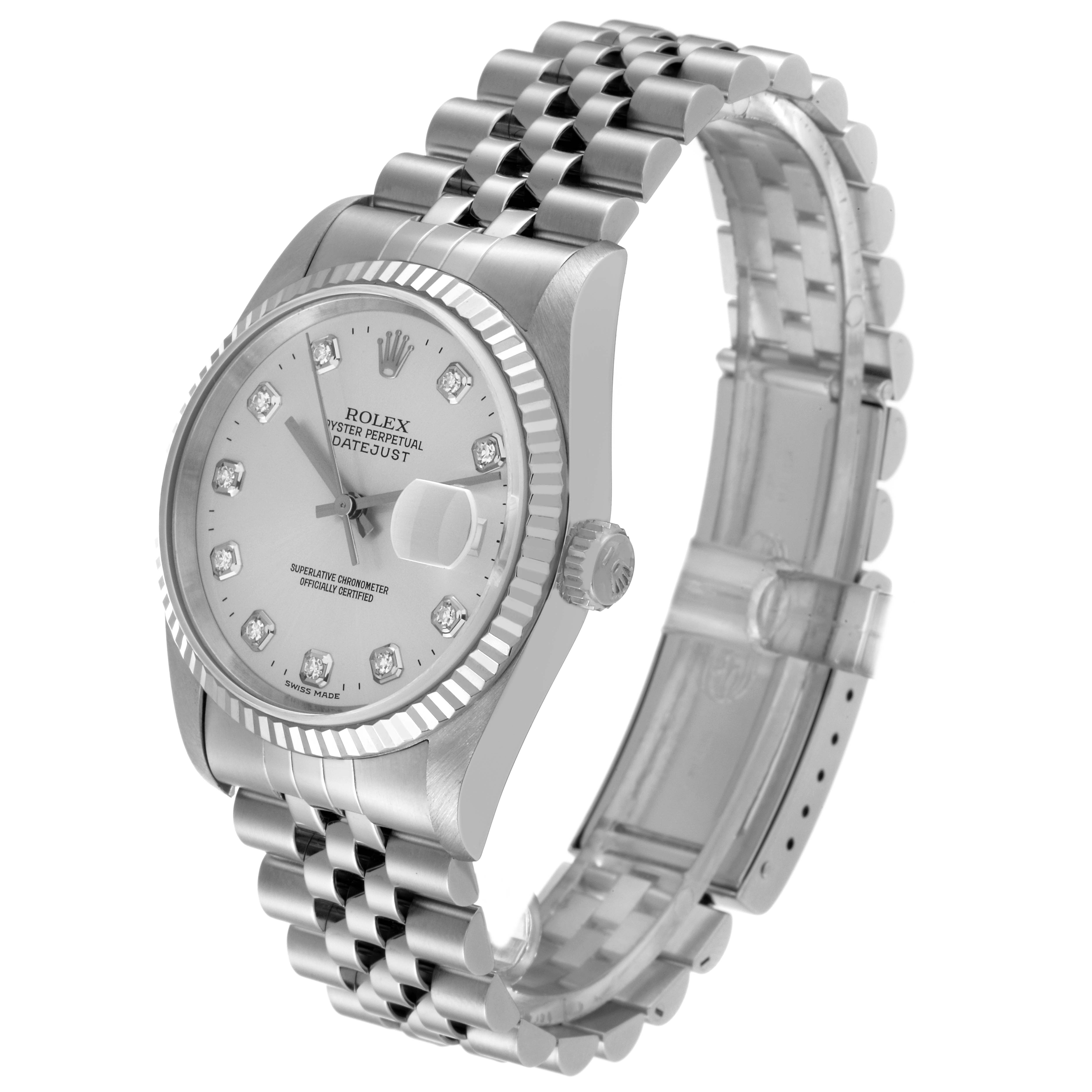 The Rolex Datejust 16234 Men's Stainless Steel Silver Dial 16234 Men's Stainless Steel Silver Dial watch is shown at a three-quarter angle showcasing the face, bezel, and Jubilee bracelet.