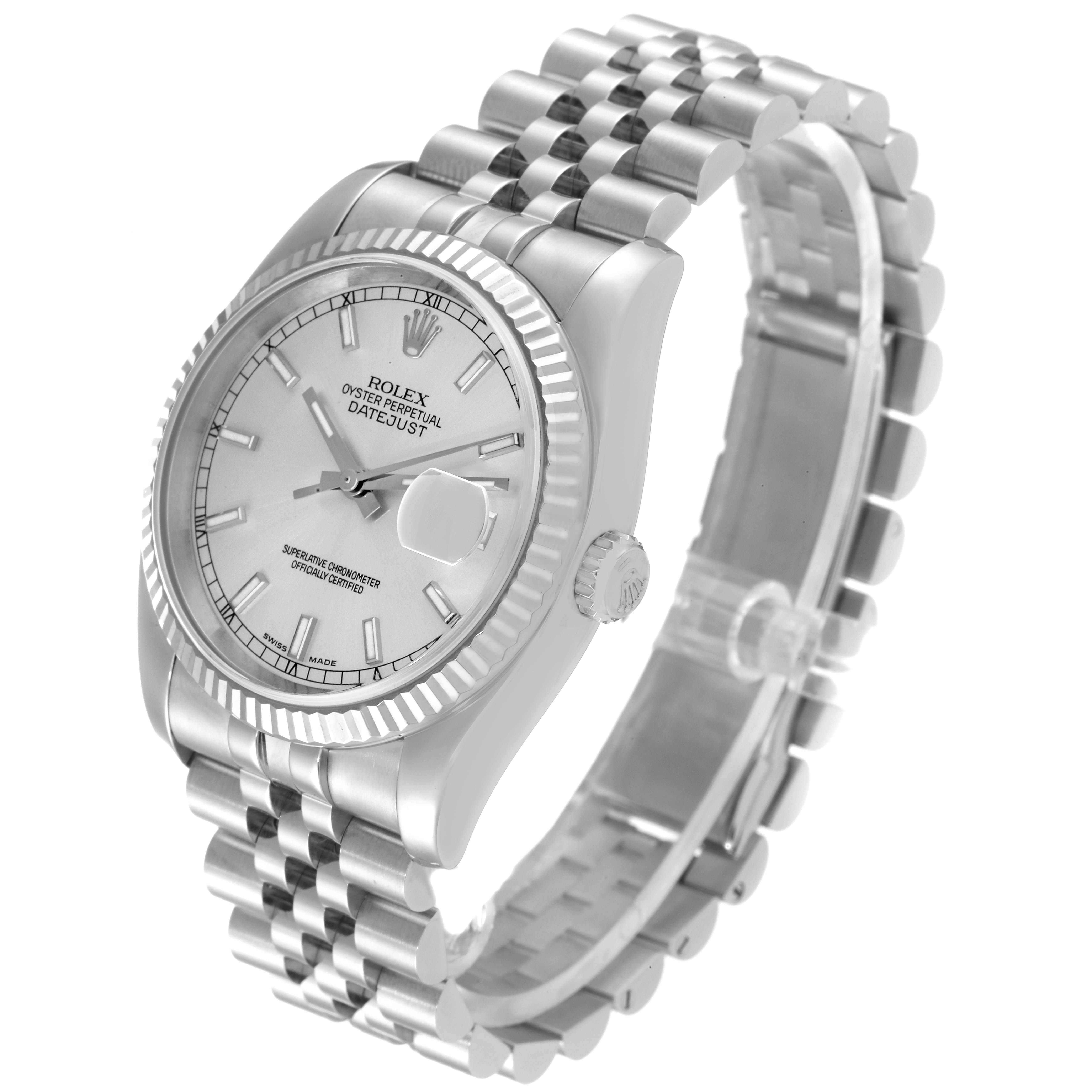 The image shows a Rolex Datejust 116234 Men's Stainless Steel Silver Dial 116234 Men's Stainless Steel Silver Dial watch at an angle highlighting the watch face, crown, and jubilee bracelet.