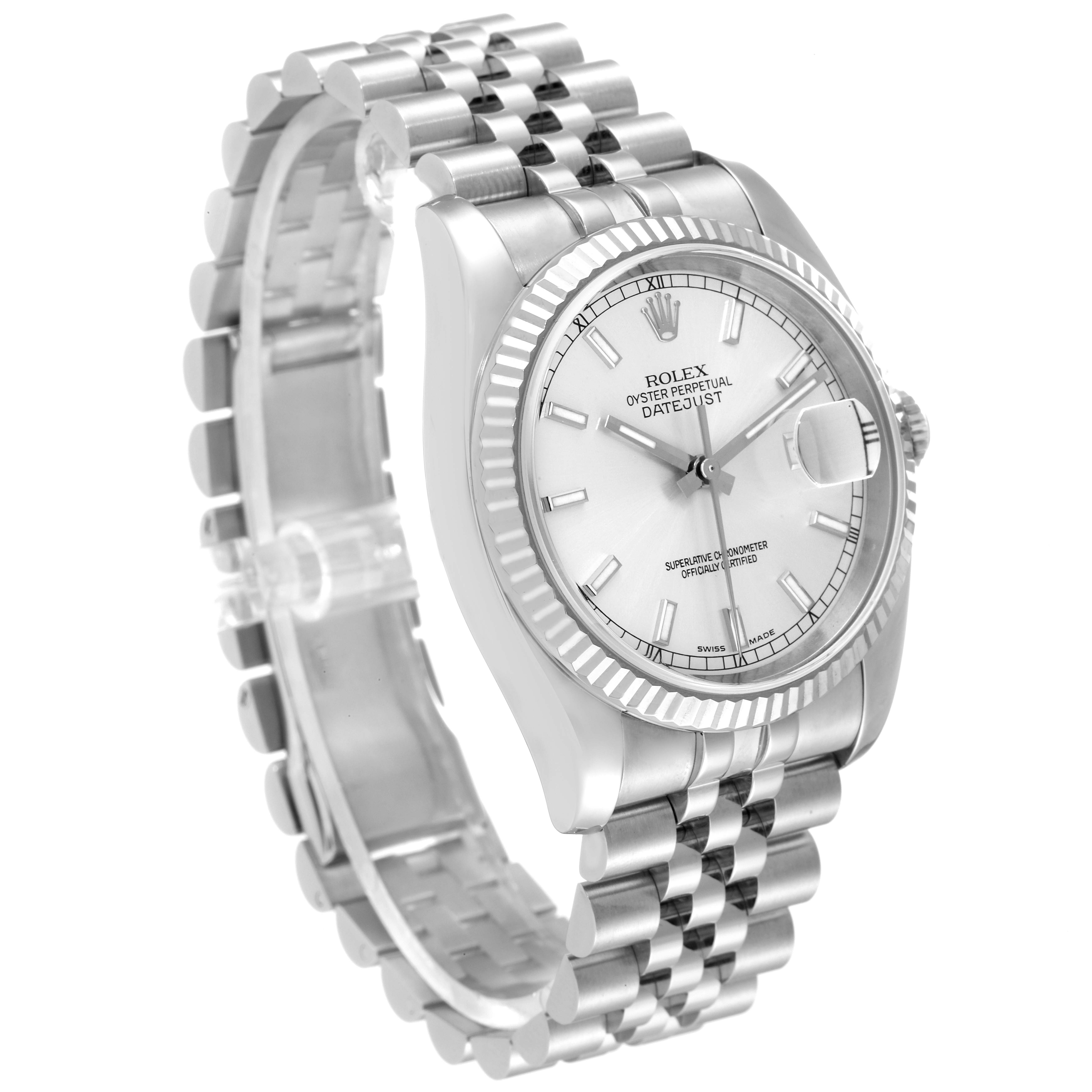 The Rolex Datejust 116234 Men's Stainless Steel Silver Dial 116234 Men's Stainless Steel Silver Dial watch is shown at a slight angle displaying the dial, bezel, and part of the bracelet.