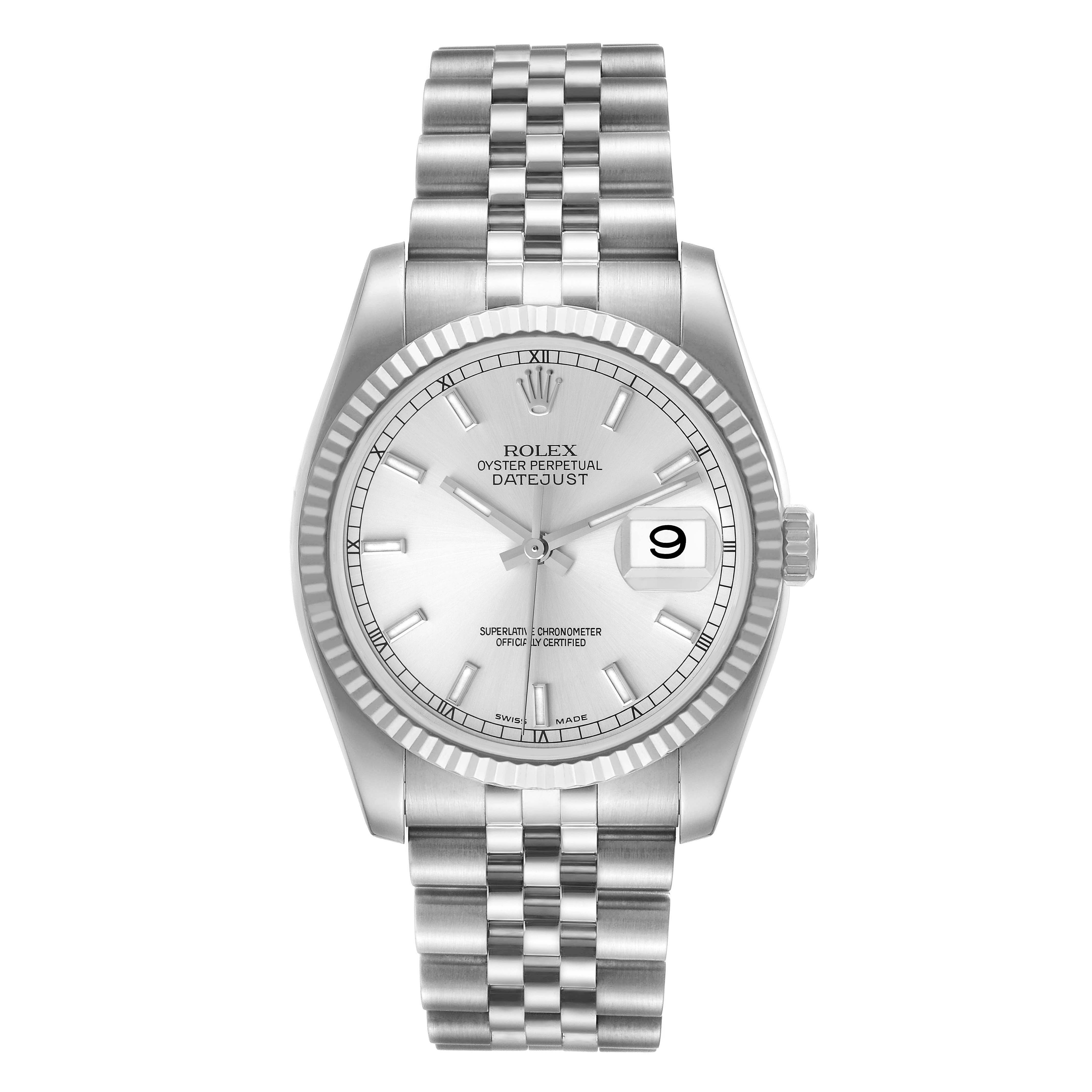 The image shows a front view of a Rolex Datejust 116234 Men's Stainless Steel Silver Dial 116234 Men's Stainless Steel Silver Dial watch, highlighting the dial, bezel, and bracelet.