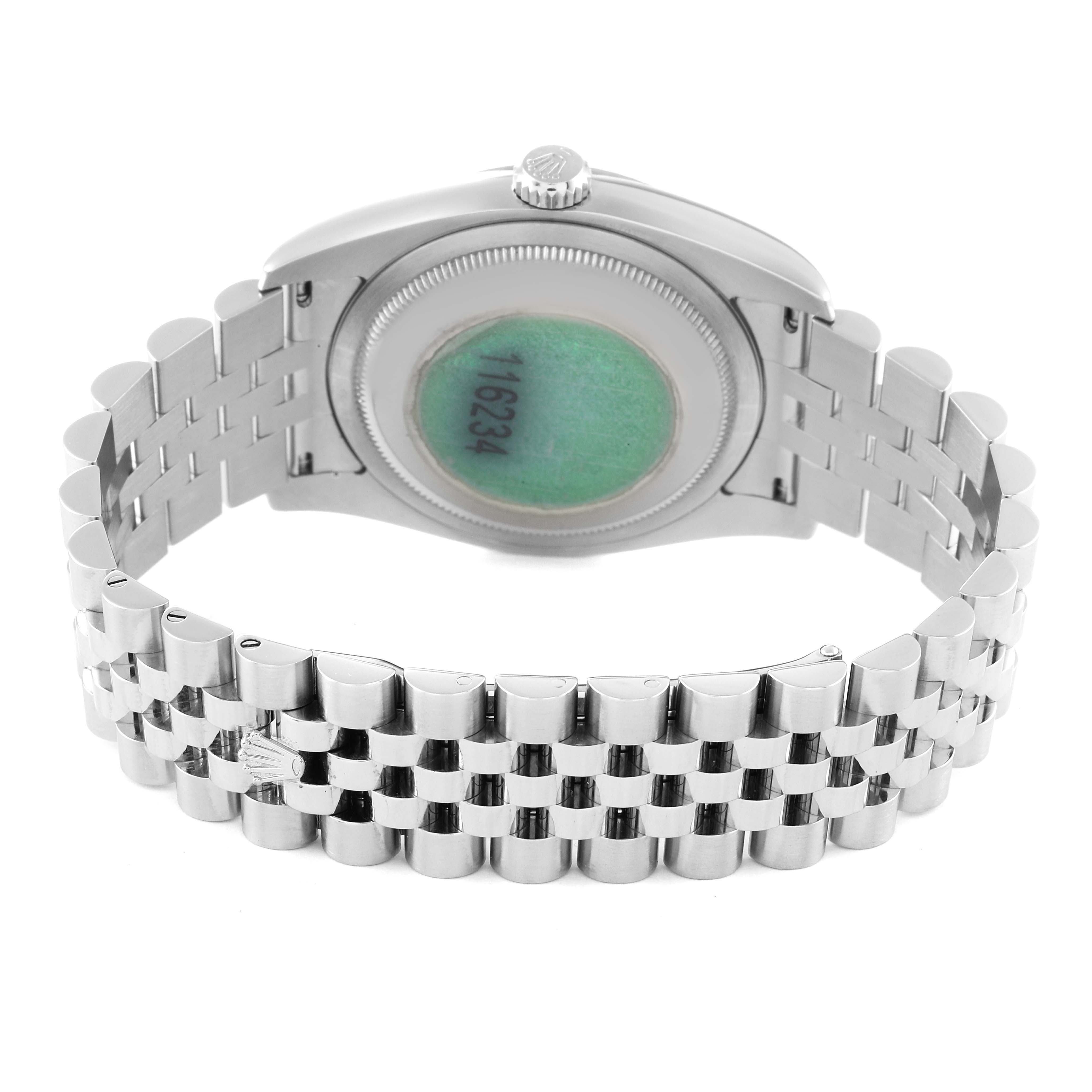 This is an image of the back and bracelet of a Rolex Datejust 116234 Men's Stainless Steel Silver Dial 116234 Men's Stainless Steel Silver Dial watch, showing the case back, crown, and Jubilee bracelet.