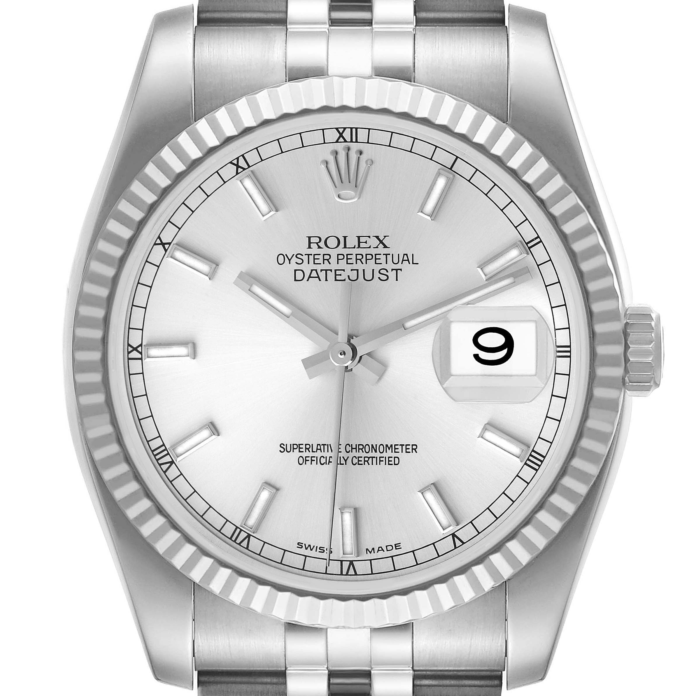 The image shows a front view of the Rolex Datejust 116234 Men's Stainless Steel Silver Dial 116234 Men's Stainless Steel Silver Dial watch, highlighting its dial, hands, date window, and stainless steel bracelet.