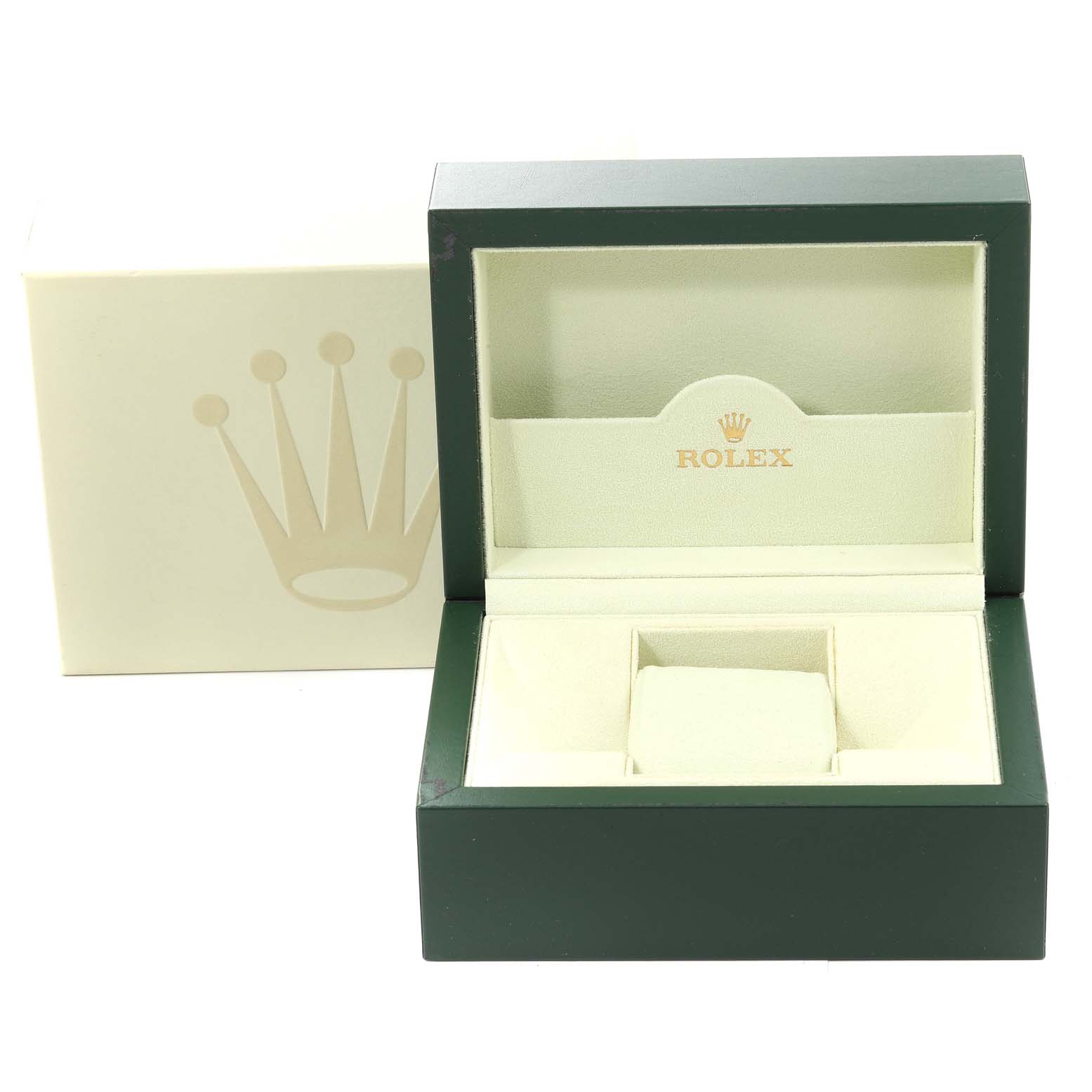 This image shows an open Rolex Datejust 116234 Men's Stainless Steel Silver Dial 116234 Men's Stainless Steel Silver Dial watch box with the outer beige box and the green inner box, revealing the holder inside.