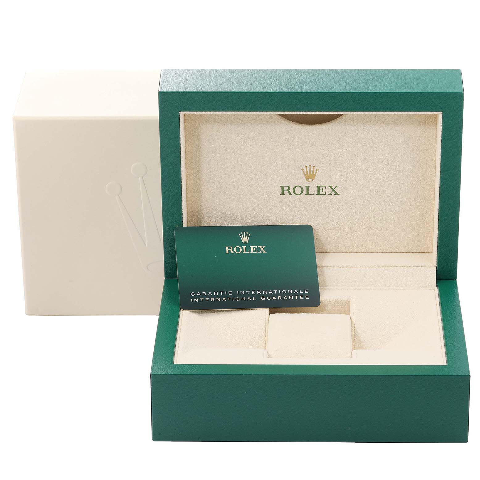 The image shows the packaging of a Rolex Datejust 126234 Men's Stainless Steel Grey Dial 126234 Men's Stainless Steel Grey Dial, including the green presentation box and international guarantee card.