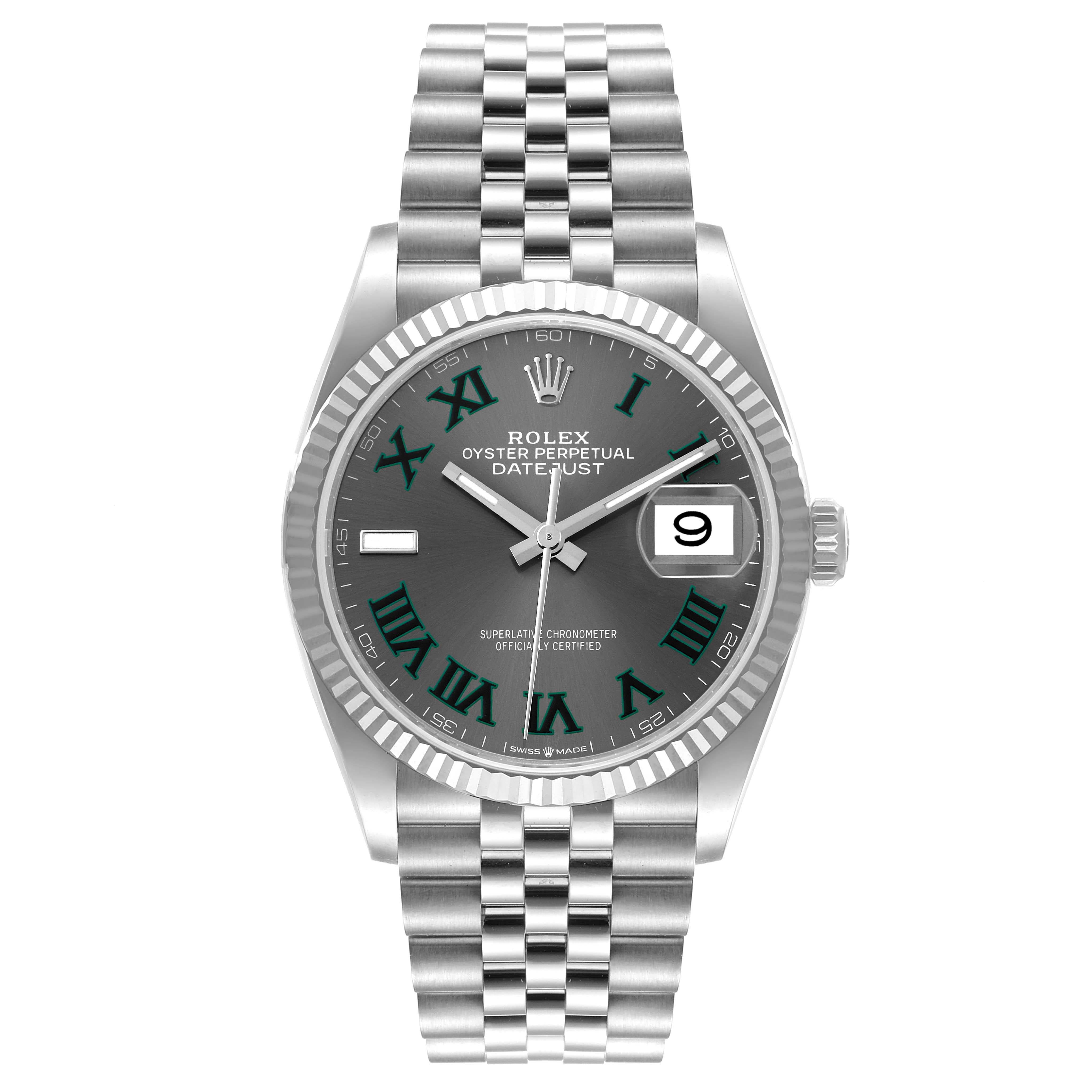 This image displays a Rolex Datejust 126234 Men's Stainless Steel Grey Dial 126234 Men's Stainless Steel Grey Dial watch from a front view, showcasing the dial, hands, date window, bezel, and bracelet.