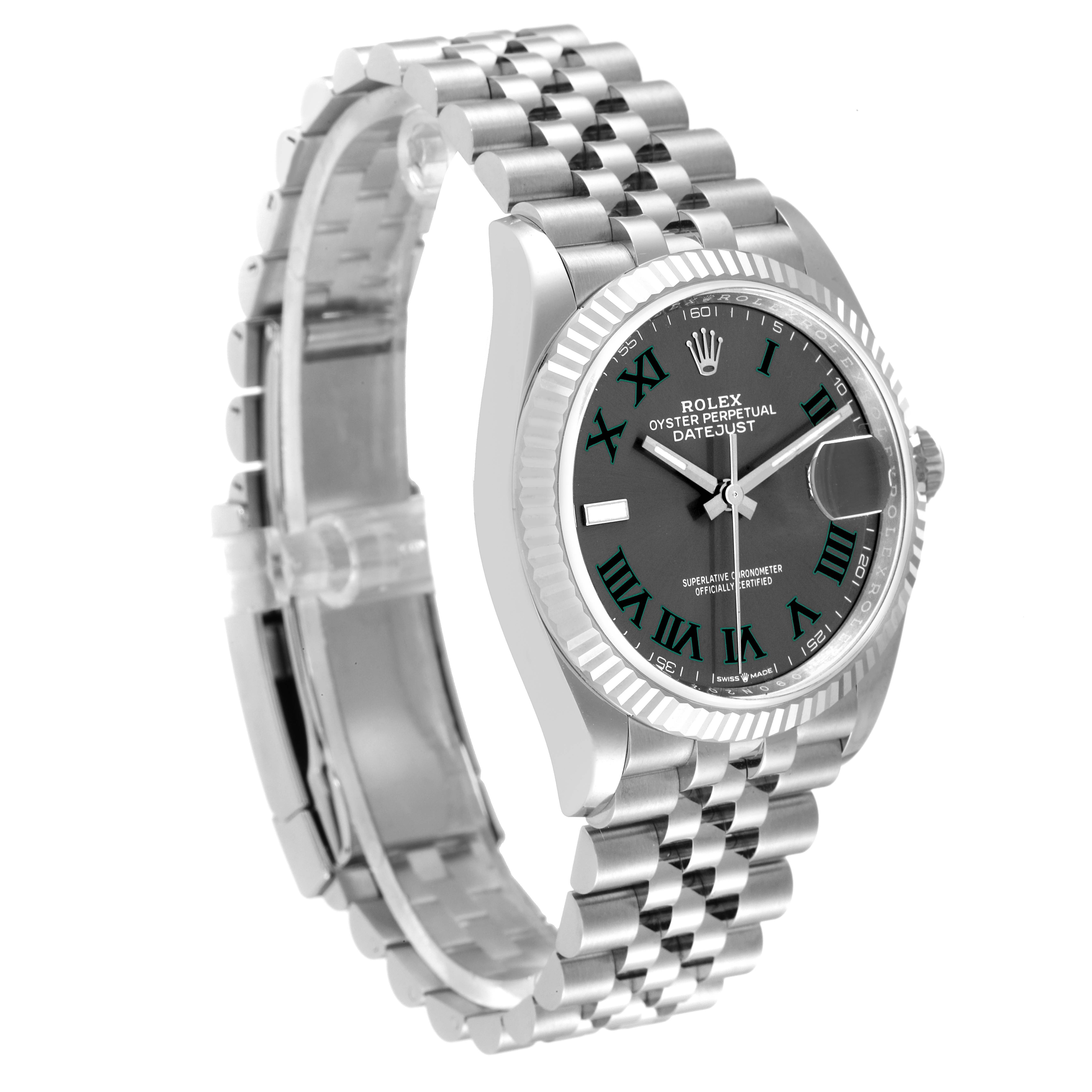 The Rolex Datejust 126234 Men's Stainless Steel Grey Dial 126234 Men's Stainless Steel Grey Dial watch is shown at an angled view, highlighting its dial, bracelet, and fluted bezel.