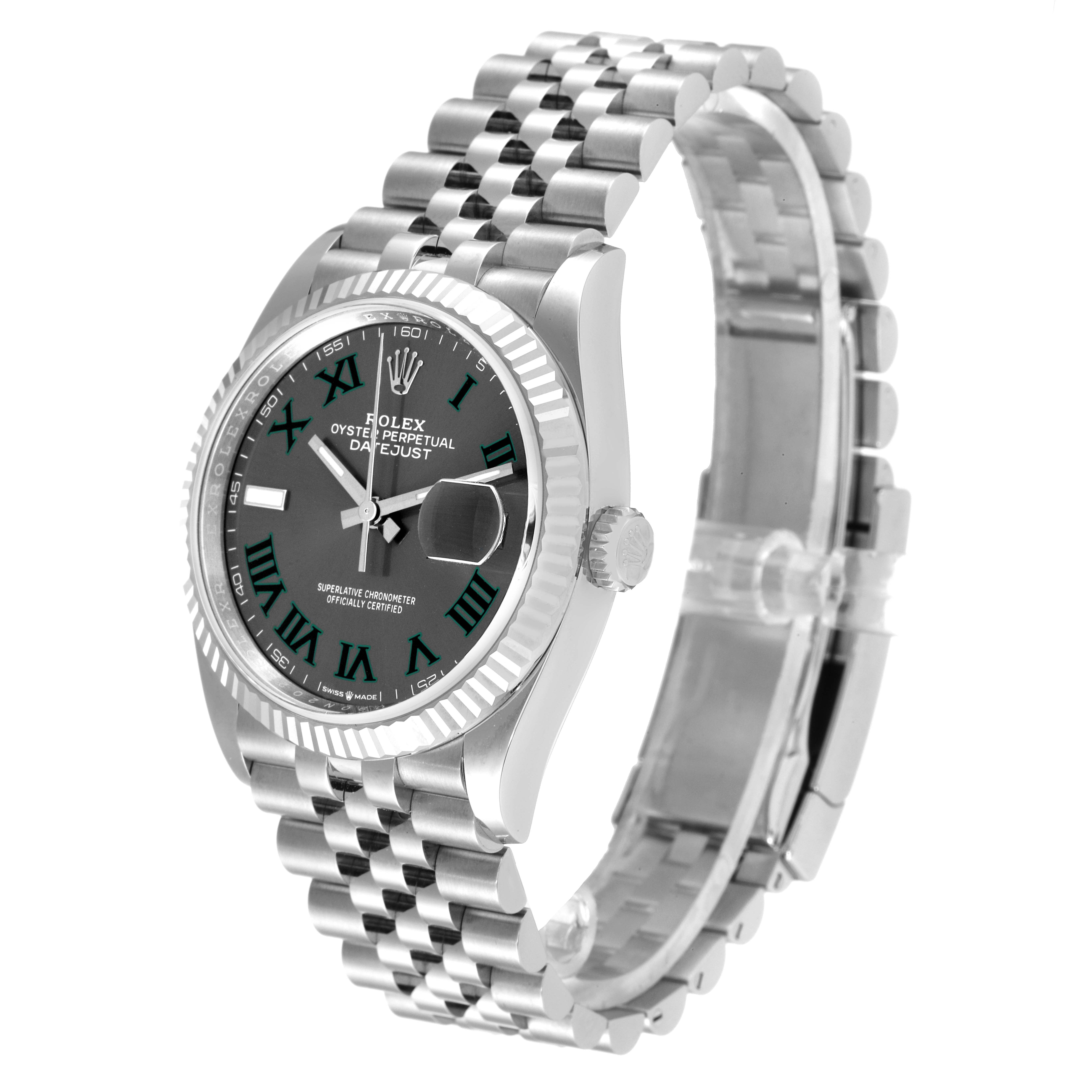 This image shows a Rolex Datejust 126234 Men's Stainless Steel Grey Dial 126234 Men's Stainless Steel Grey Dial watch at an angled side view, capturing the face, bezel, crown, and bracelet.
