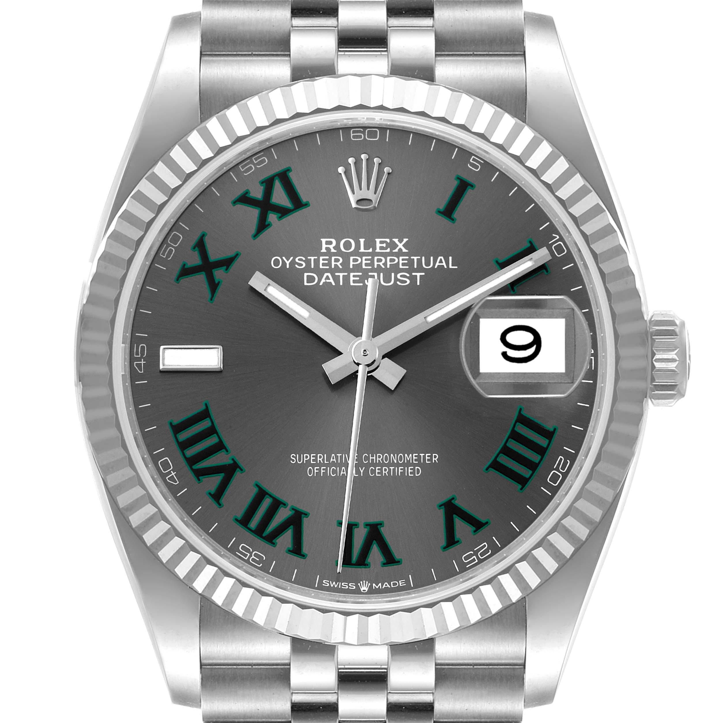 This image shows a frontal view of the Rolex Datejust 126234 Men's Stainless Steel Grey Dial 126234 Men's Stainless Steel Grey Dial watch, highlighting the dial, Roman numerals, date window, and bracelet.