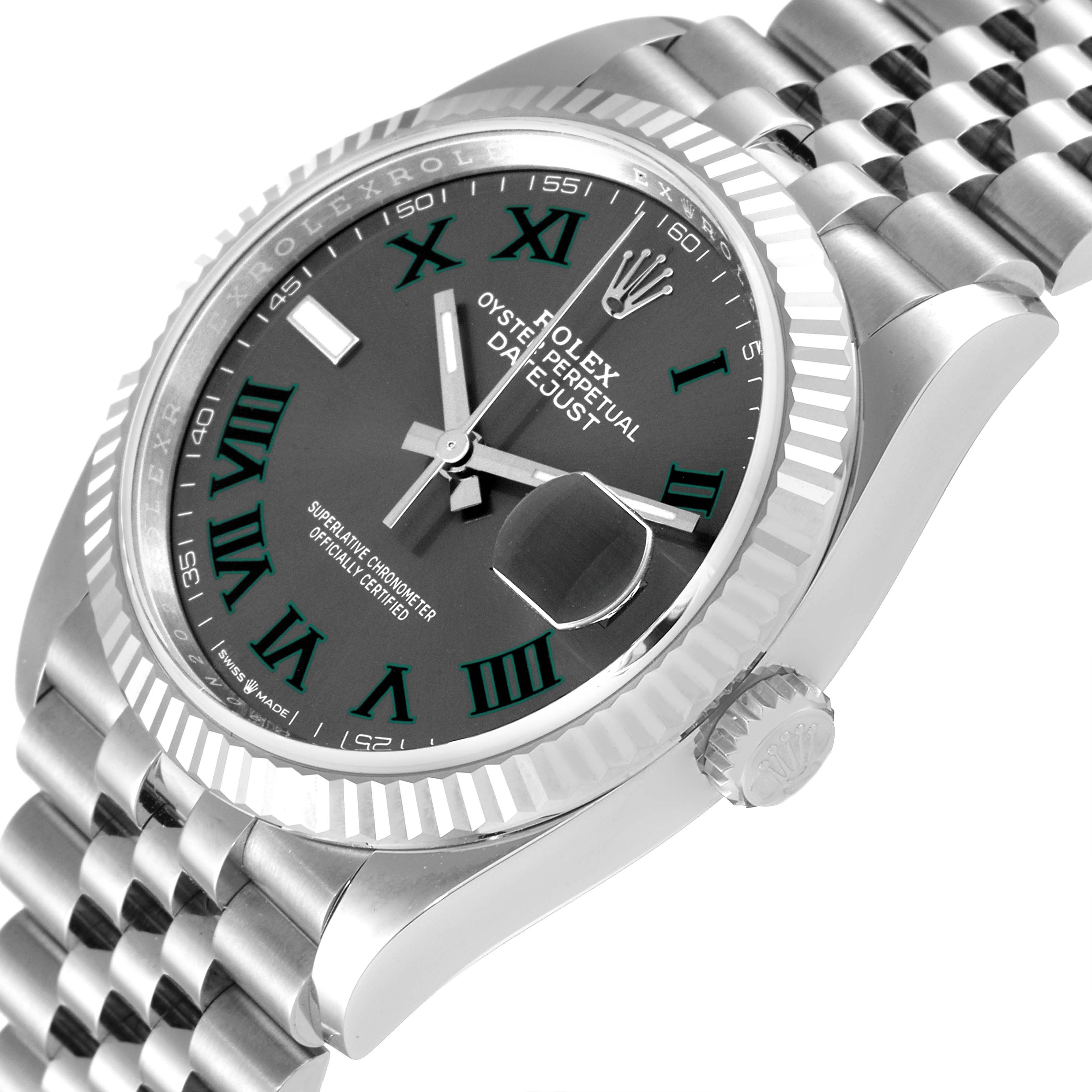 The image shows a Rolex Datejust 126234 Men's Stainless Steel Grey Dial 126234 Men's Stainless Steel Grey Dial watch angled to highlight the dial, fluted bezel, crown, and Jubilee bracelet.