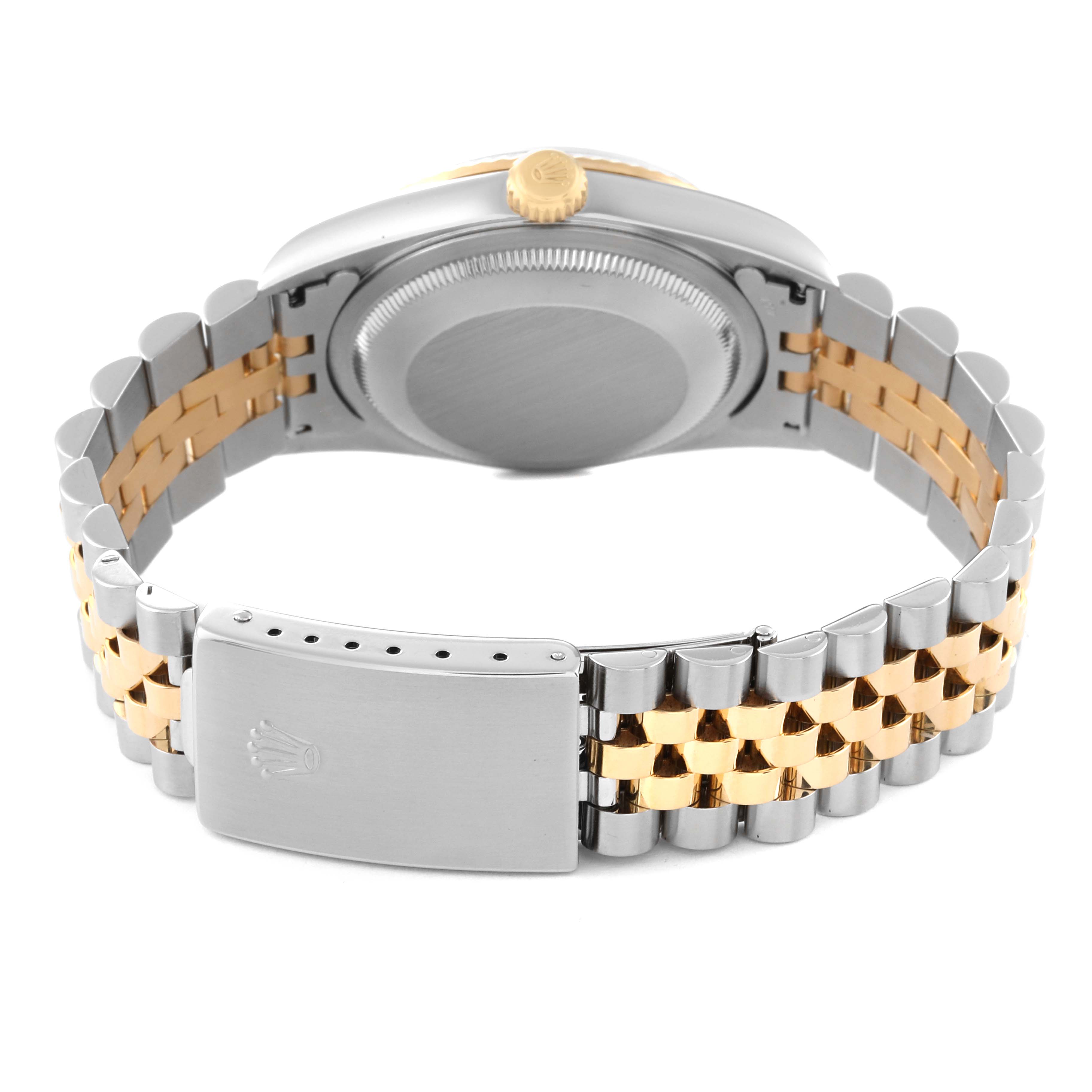 This image shows the back view of a Rolex Datejust 16233 Men's Steel and Gold (two tone) Black Dial 16233 Men's Steel and Gold (two tone) Black Dial watch with a two-tone Jubilee bracelet and the clasp displayed.