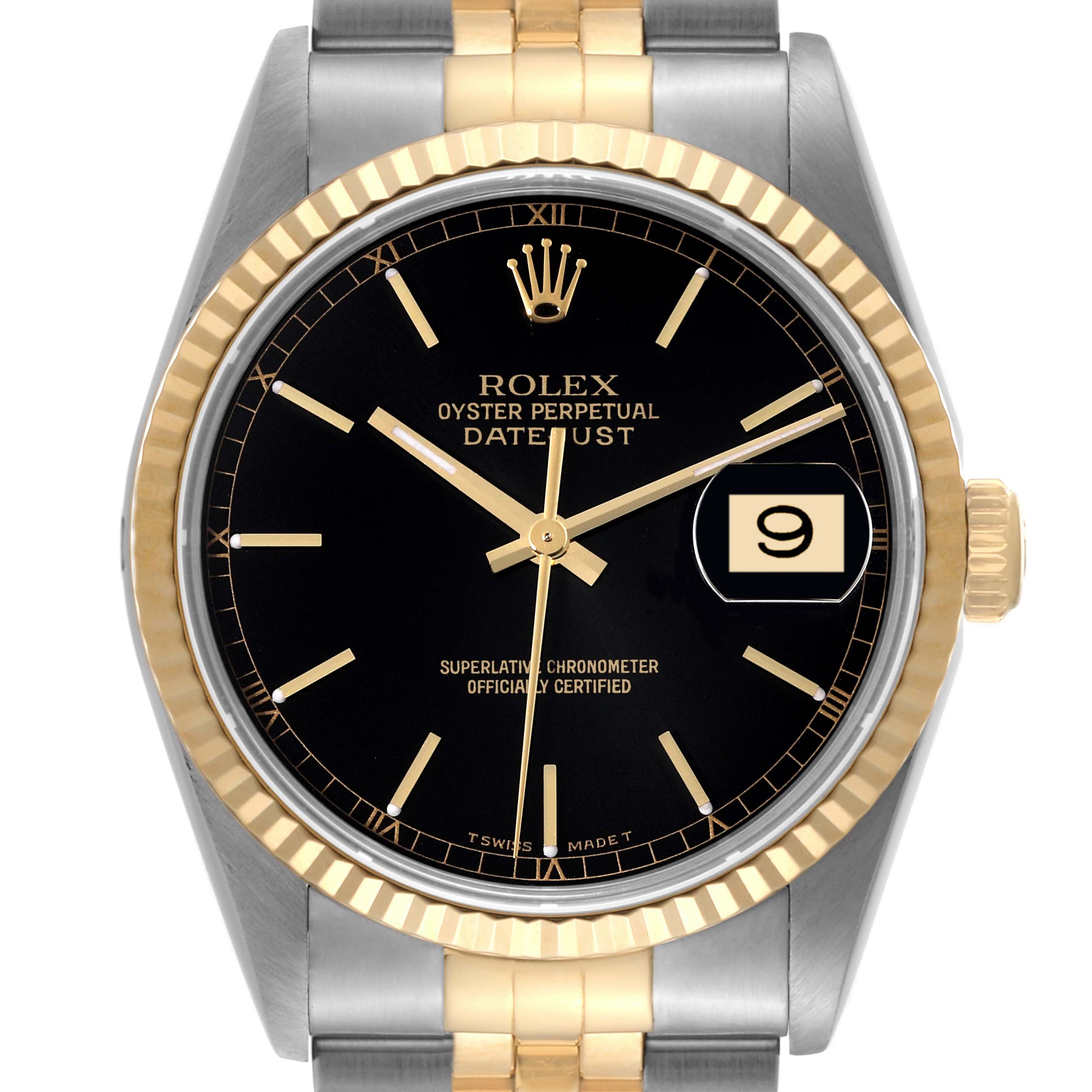 The image shows a front view of the Rolex Datejust 16233 Men's Steel and Gold (two tone) Black Dial 16233 Men's Steel and Gold (two tone) Black Dial watch, featuring its dial, bezel, crown, and part of the strap.