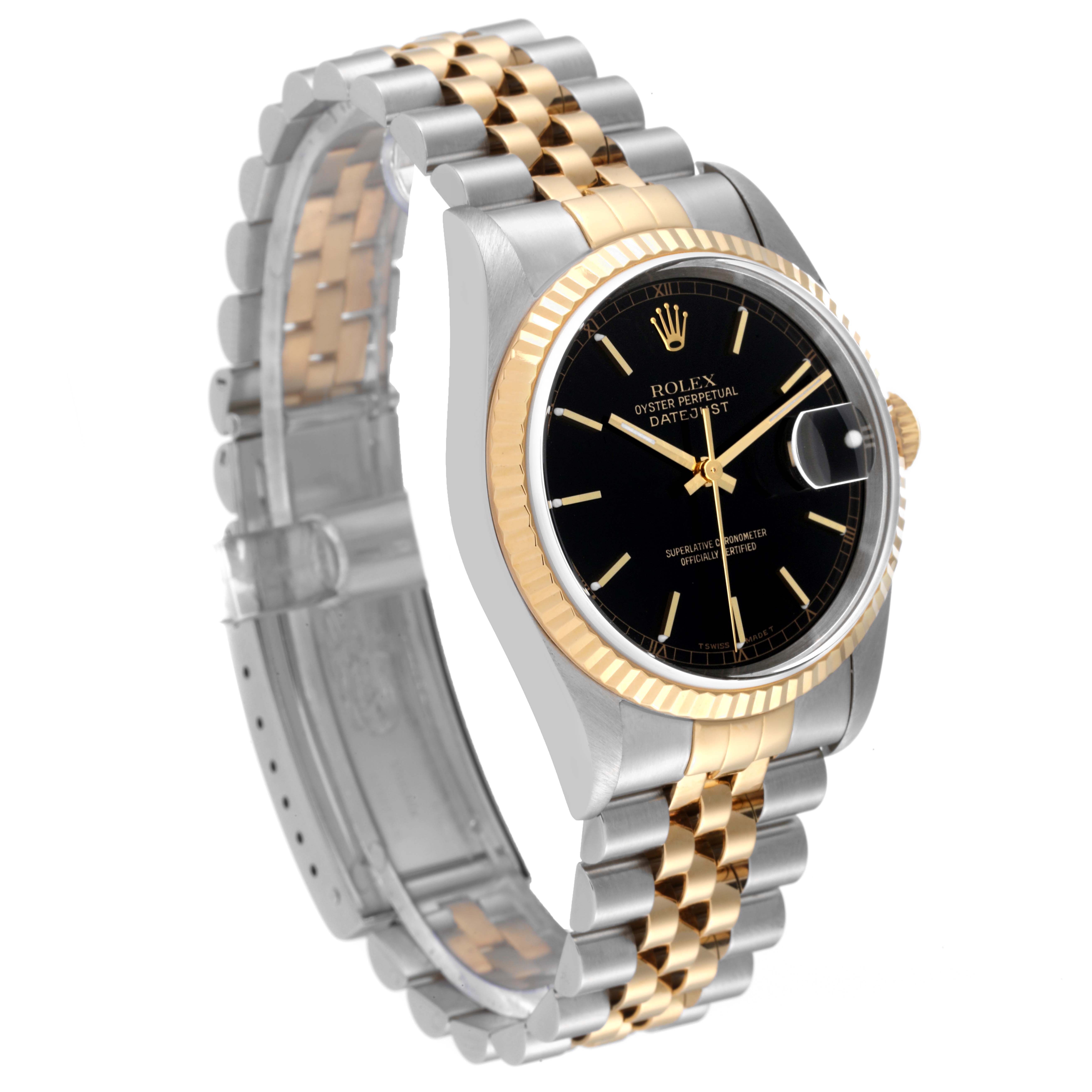 The image shows a side angle of a Rolex Datejust 16233 Men's Steel and Gold (two tone) Black Dial 16233 Men's Steel and Gold (two tone) Black Dial watch, highlighting the black dial, fluted bezel, and two-tone bracelet.