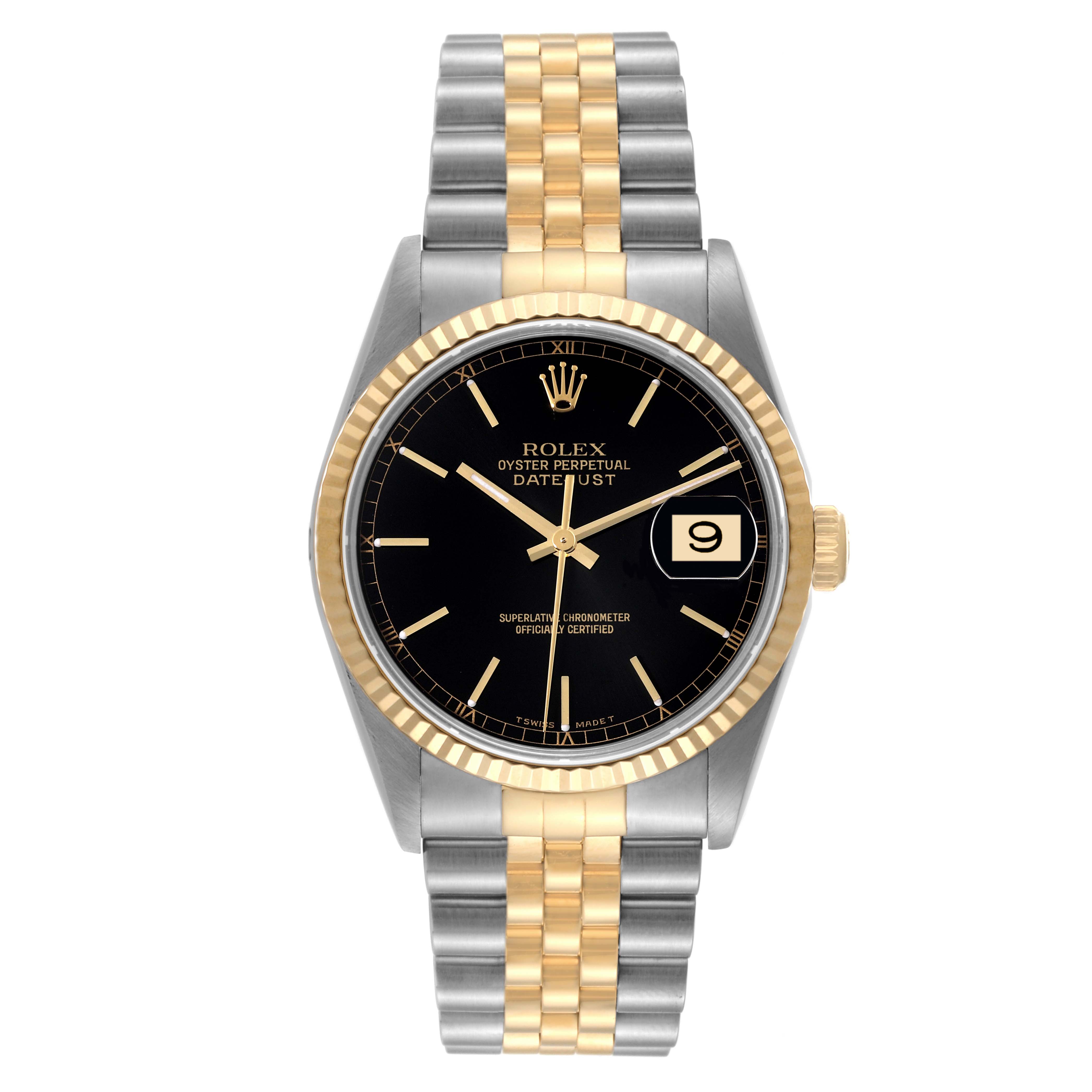 This image shows a Rolex Datejust 16233 Men's Steel and Gold (two tone) Black Dial 16233 Men's Steel and Gold (two tone) Black Dial model watch with a two-tone bracelet, black dial, and date window at 3 o'clock.