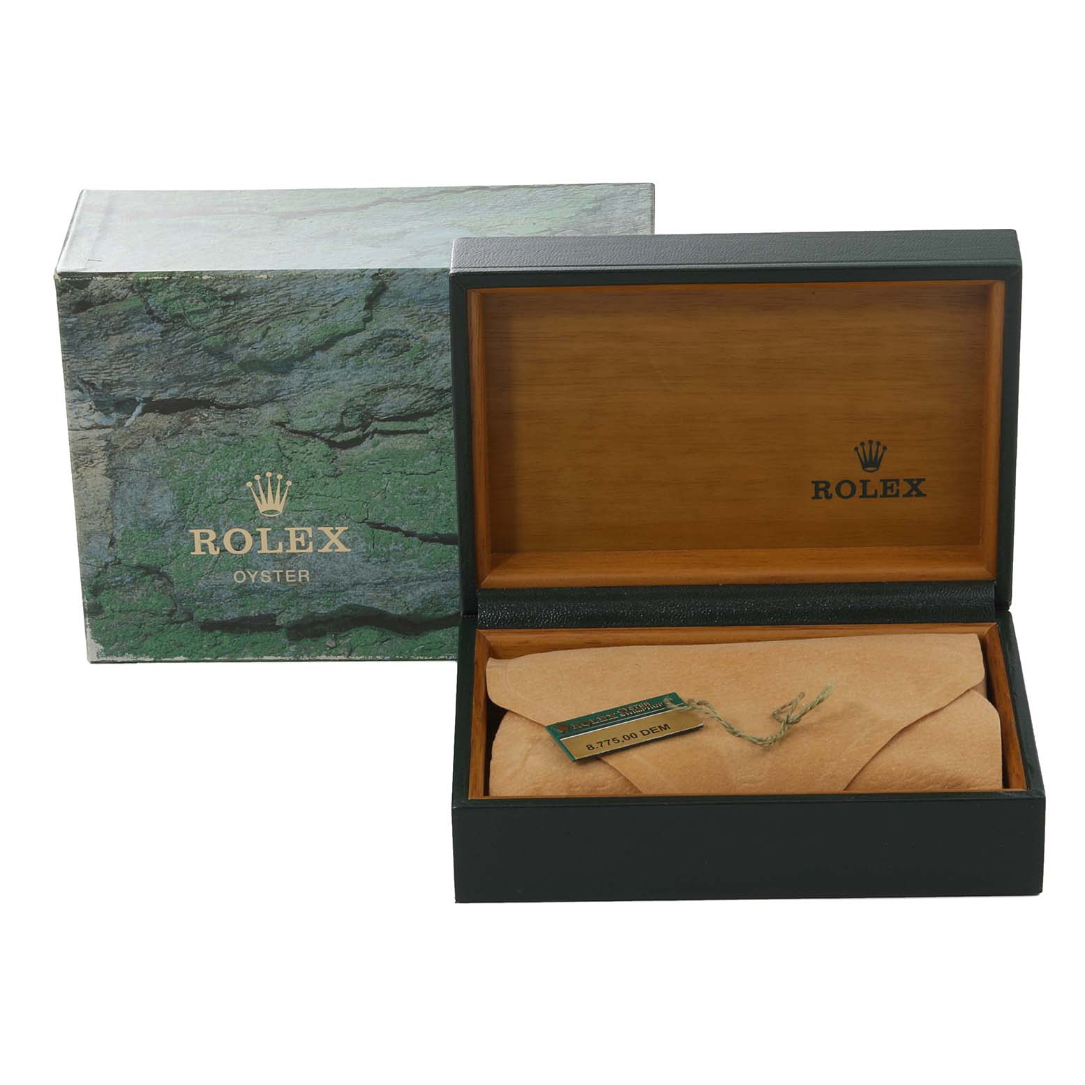 This image shows the outer box, inner box, and cushion cover of a Rolex Datejust 16233 Men's Steel and Gold (two tone) Black Dial 16233 Men's Steel and Gold (two tone) Black Dial watch.