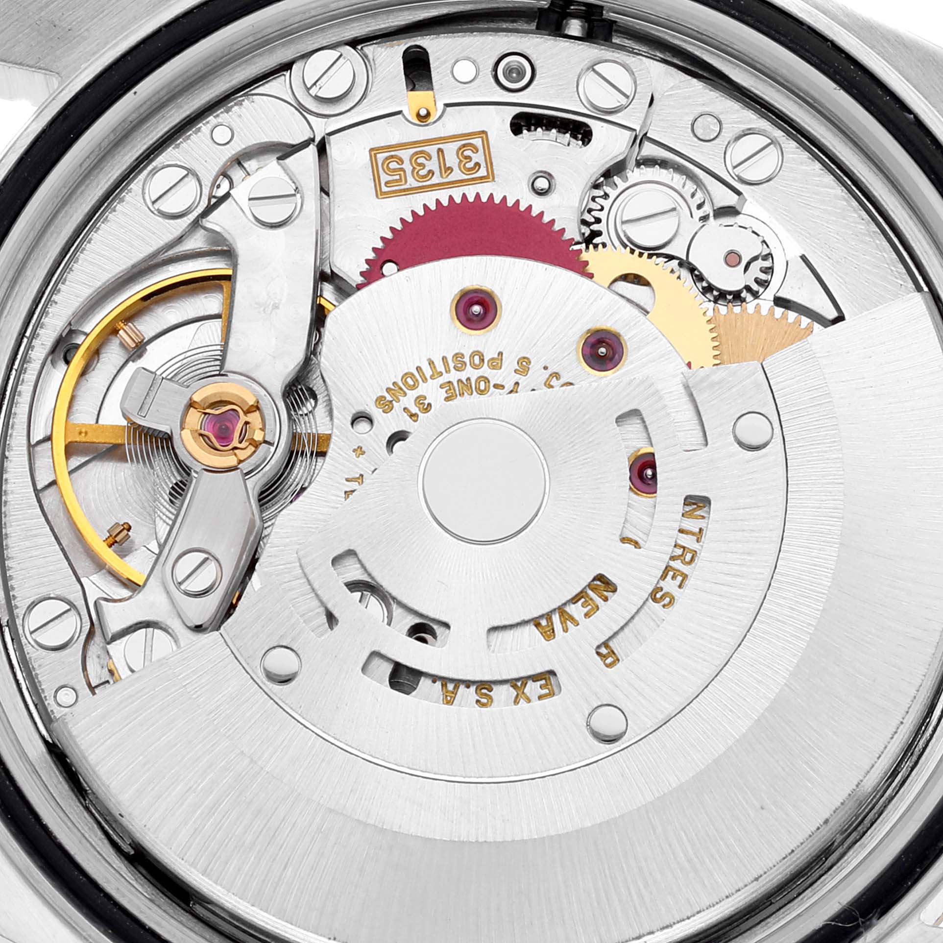 This image shows a close-up of the movement inside a Rolex Datejust 16233 Men's Steel and Gold (two tone) Black Dial 16233 Men's Steel and Gold (two tone) Black Dial watch, highlighting the intricate gears and mechanisms.