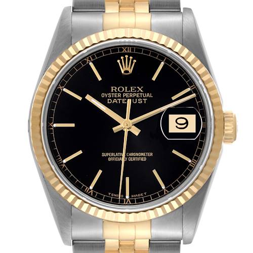 Photo of Rolex Datejust Steel Yellow Gold Black Dial Mens Watch 16233
