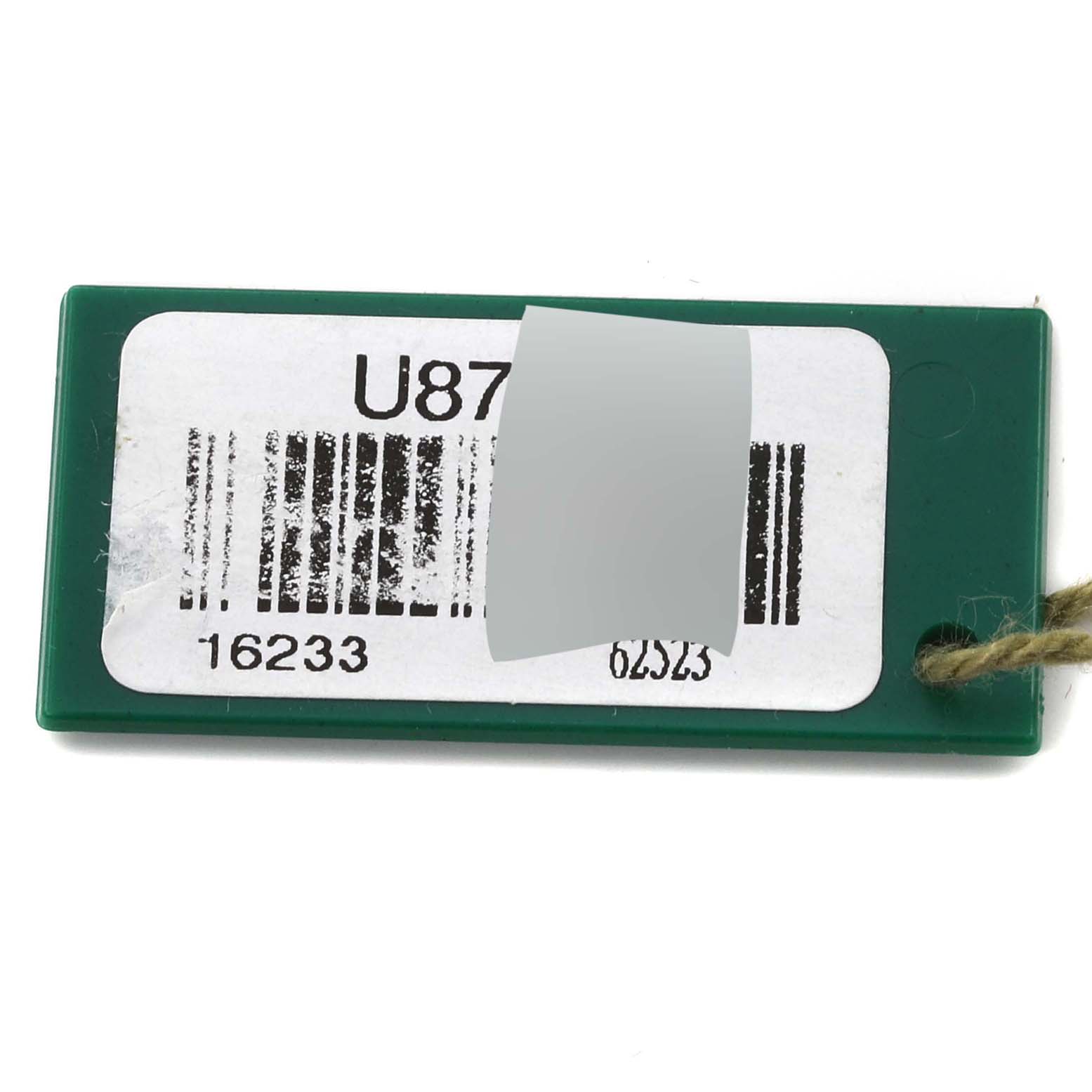 This image shows a green tag with a barcode and model number for the Rolex Datejust 16233 Men's Steel and Gold (two tone) Black Dial 16233 Men's Steel and Gold (two tone) Black Dial, model 16233.