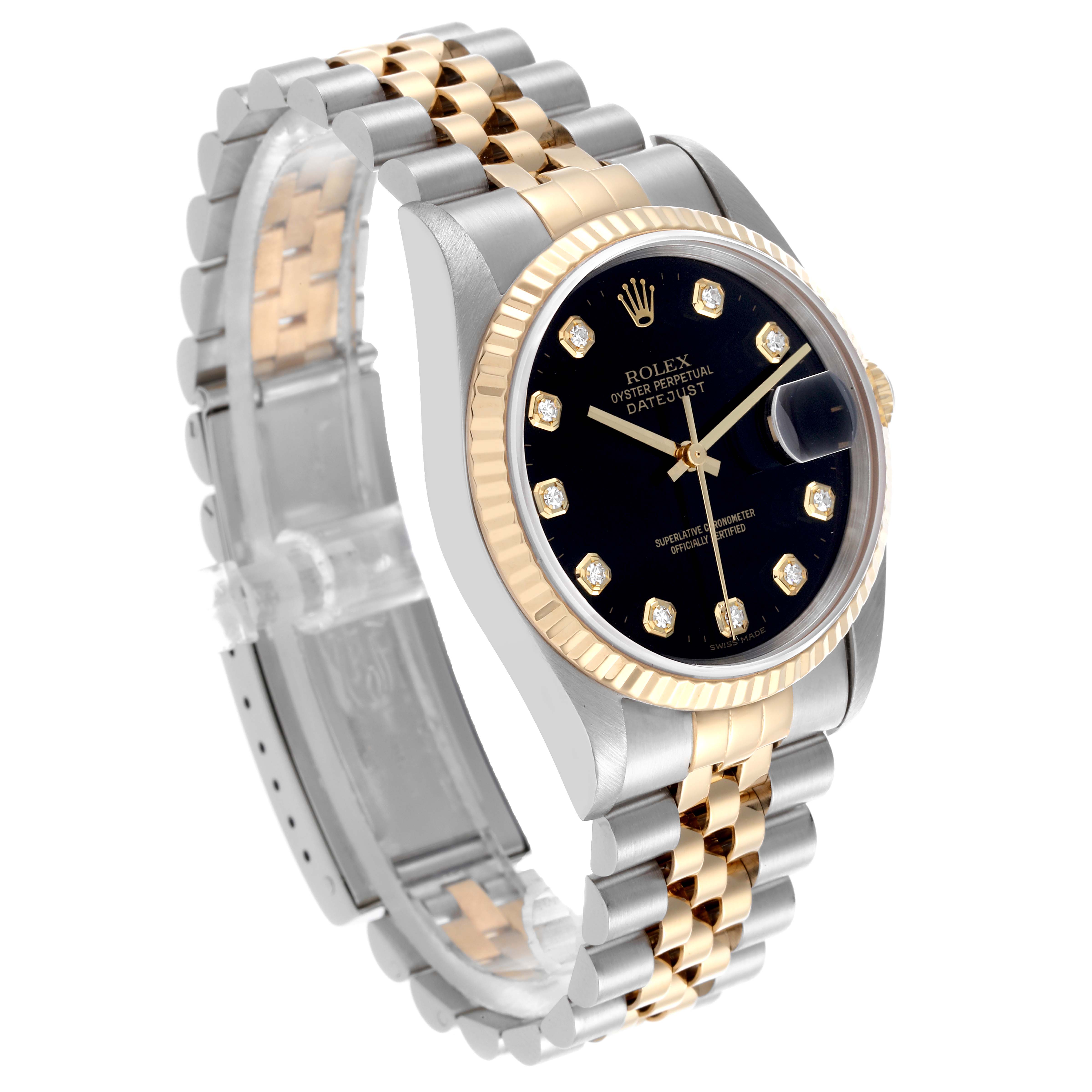 The Rolex Datejust 16233 Men's Steel and Gold (two tone) Black Dial 16233 Men's Steel and Gold (two tone) Black Dial watch is shown at an angle displaying the face, bezel, crown, and two-tone bracelet.