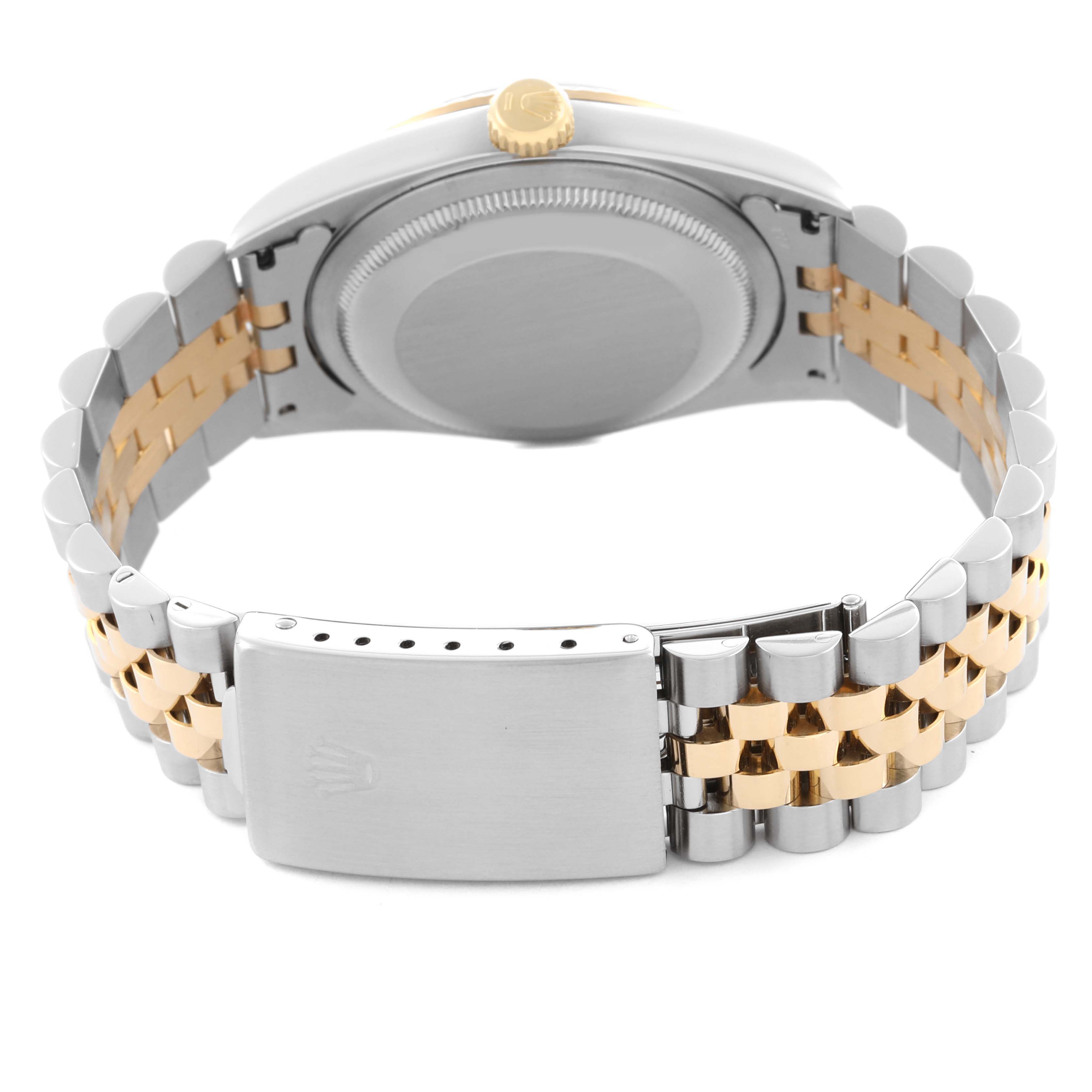 The image shows the back of a Rolex Datejust 16233 Men's Steel and Gold (two tone) Black Dial 16233 Men's Steel and Gold (two tone) Black Dial watch, highlighting the case back and two-tone bracelet with the clasp.