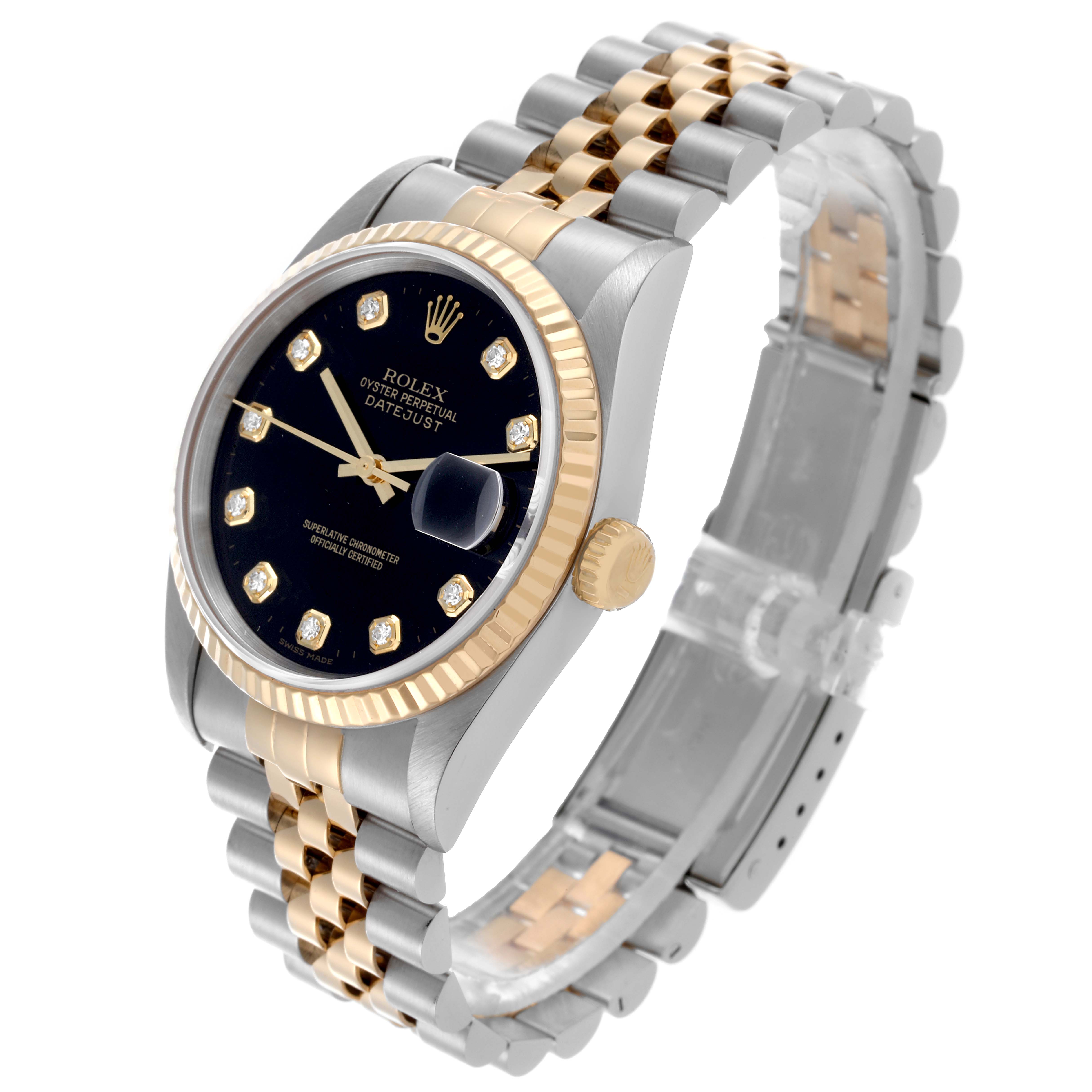 The Rolex Datejust 16233 Men's Steel and Gold (two tone) Black Dial 16233 Men's Steel and Gold (two tone) Black Dial watch is shown at a three-quarter angle, highlighting the bezel, dial, crown, and bracelet.