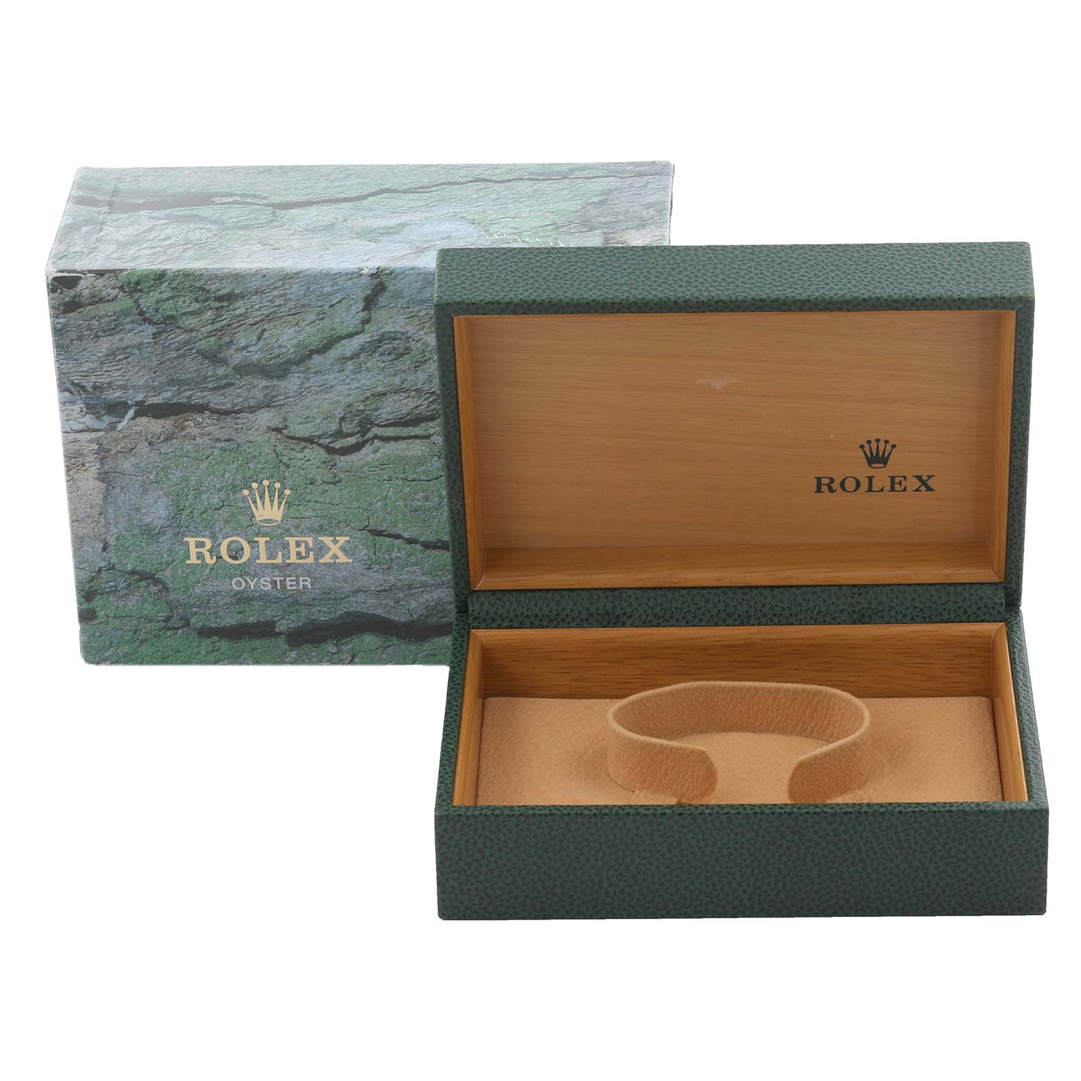 The image shows a Rolex Datejust 16233 Men's Steel and Gold (two tone) Black Dial 16233 Men's Steel and Gold (two tone) Black Dial watch box and packaging from a front angle, showcasing the open interior and cushion.