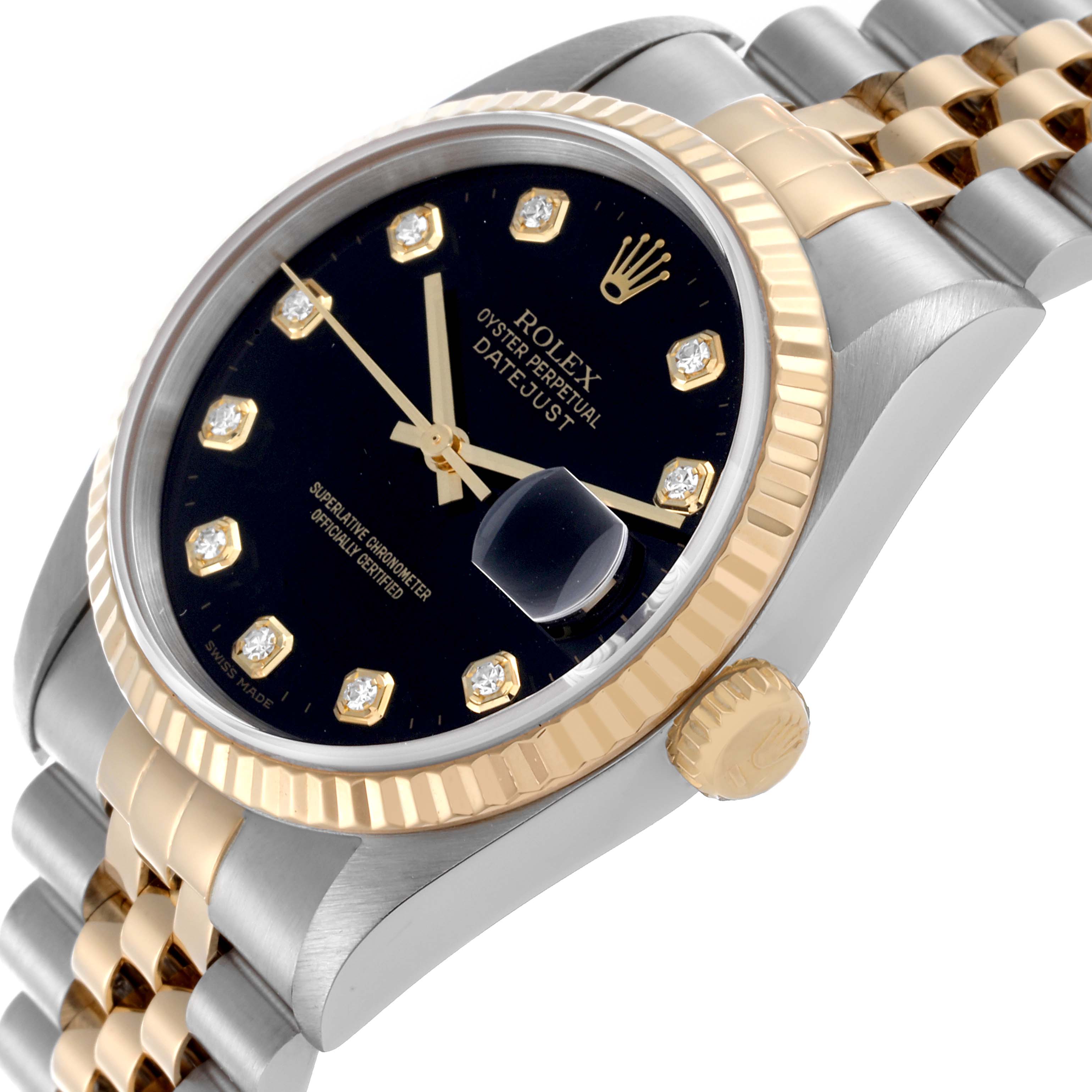 The Rolex Datejust 16233 Men's Steel and Gold (two tone) Black Dial 16233 Men's Steel and Gold (two tone) Black Dial watch is viewed from a front-side angle, showing the dial, fluted bezel, crown, and part of the bracelet.