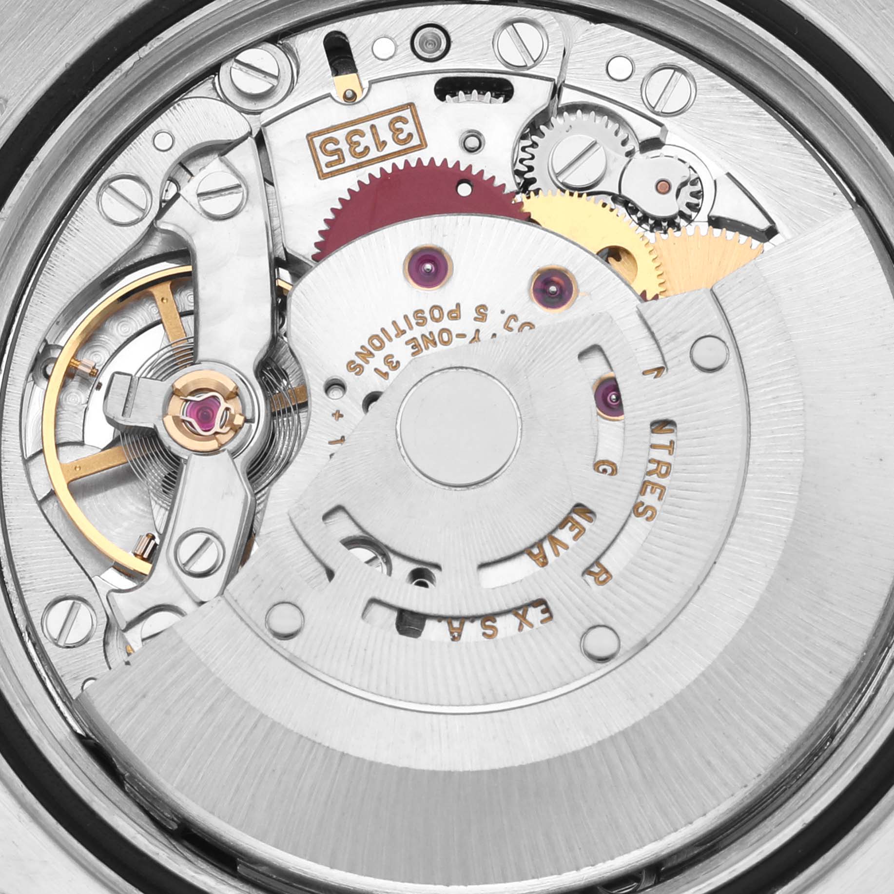 The image shows a close-up of the movement mechanism of a Rolex Datejust 16233 Men's Steel and Gold (two tone) Black Dial 16233 Men's Steel and Gold (two tone) Black Dial watch from the back.
