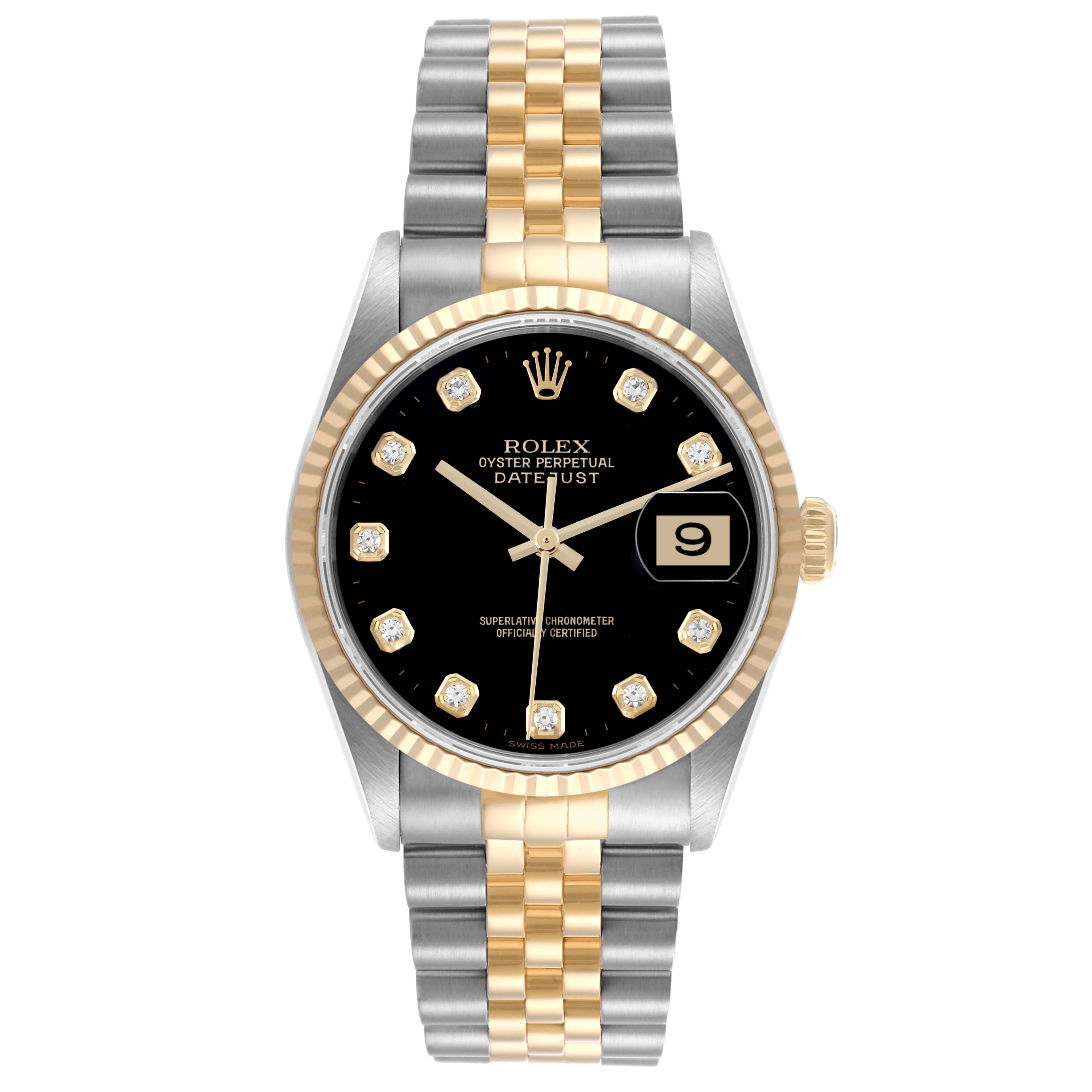 The Rolex Datejust 16233 Men's Steel and Gold (two tone) Black Dial 16233 Men's Steel and Gold (two tone) Black Dial watch is shown from a front view, displaying its face, bezel, crown, and bracelet.