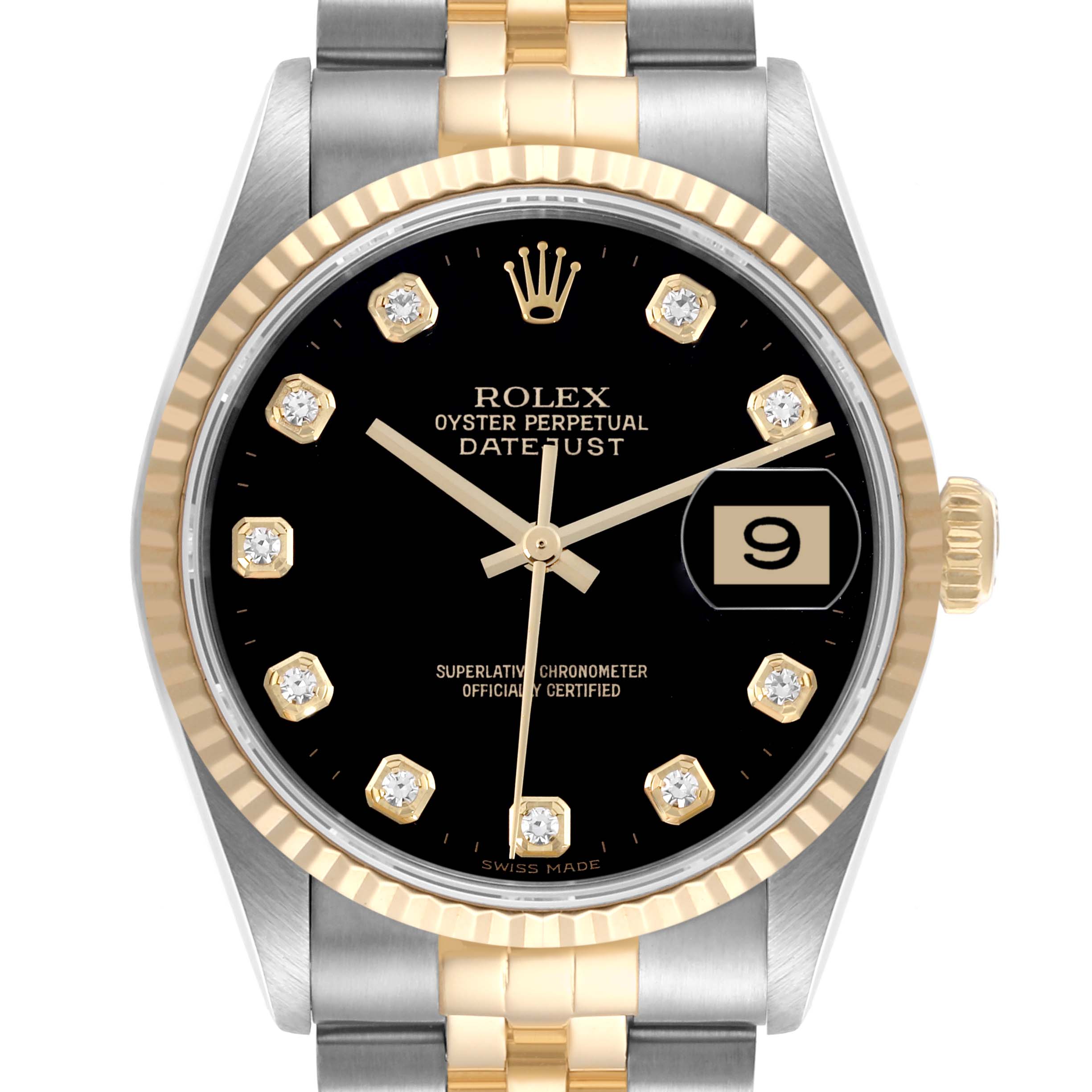 The Rolex Datejust 16233 Men's Steel and Gold (two tone) Black Dial 16233 Men's Steel and Gold (two tone) Black Dial is shown from the front, highlighting the black dial, fluted bezel, date window, and portion of the bracelet.