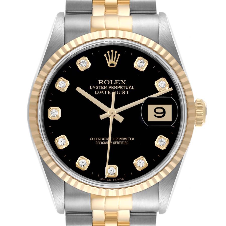 The Rolex Datejust is shown from the front, highlighting the black dial, fluted bezel, date window, and portion of the bracelet.