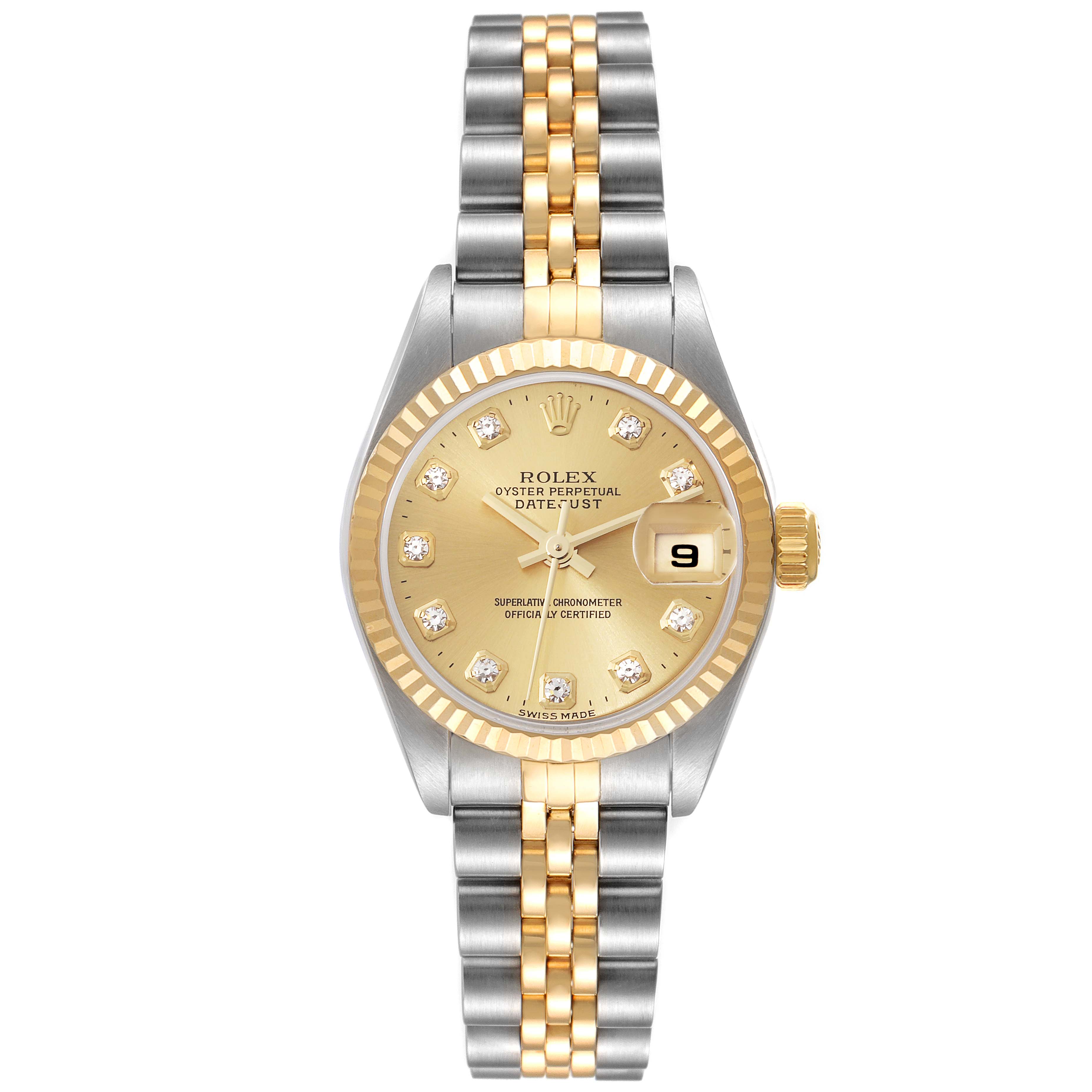 The image shows a front view of a Rolex Datejust 79173 Women's Steel and Gold (two tone) Champagne Dial 79173 Women's Steel and Gold (two tone) Champagne Dial watch, highlighting its gold dial, bezel, and two-tone bracelet.