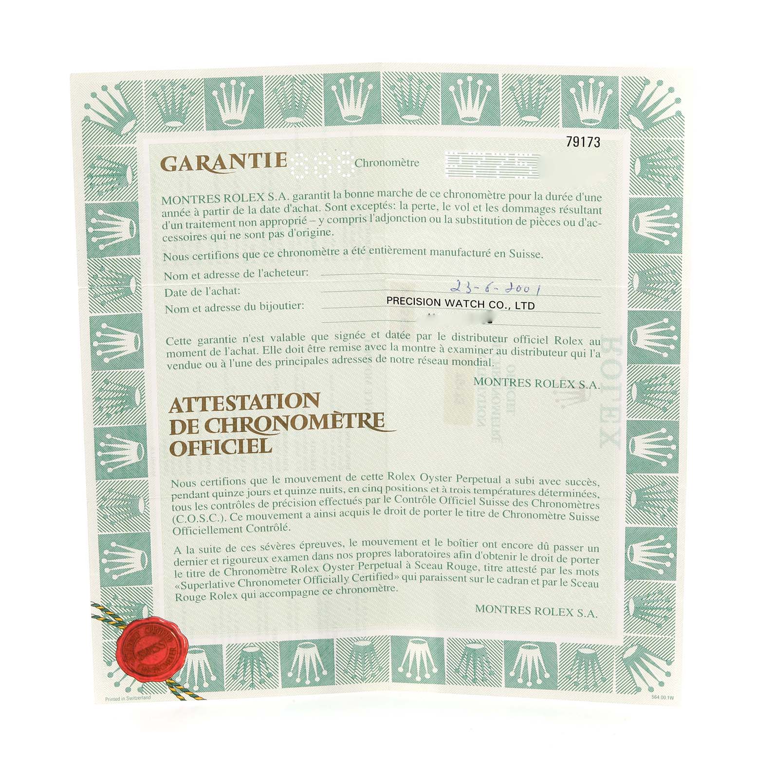 The image shows a warranty and chronometer certification document for the Rolex Datejust 79173 Women's Steel and Gold (two tone) Champagne Dial 79173 Women's Steel and Gold (two tone) Champagne Dial model.