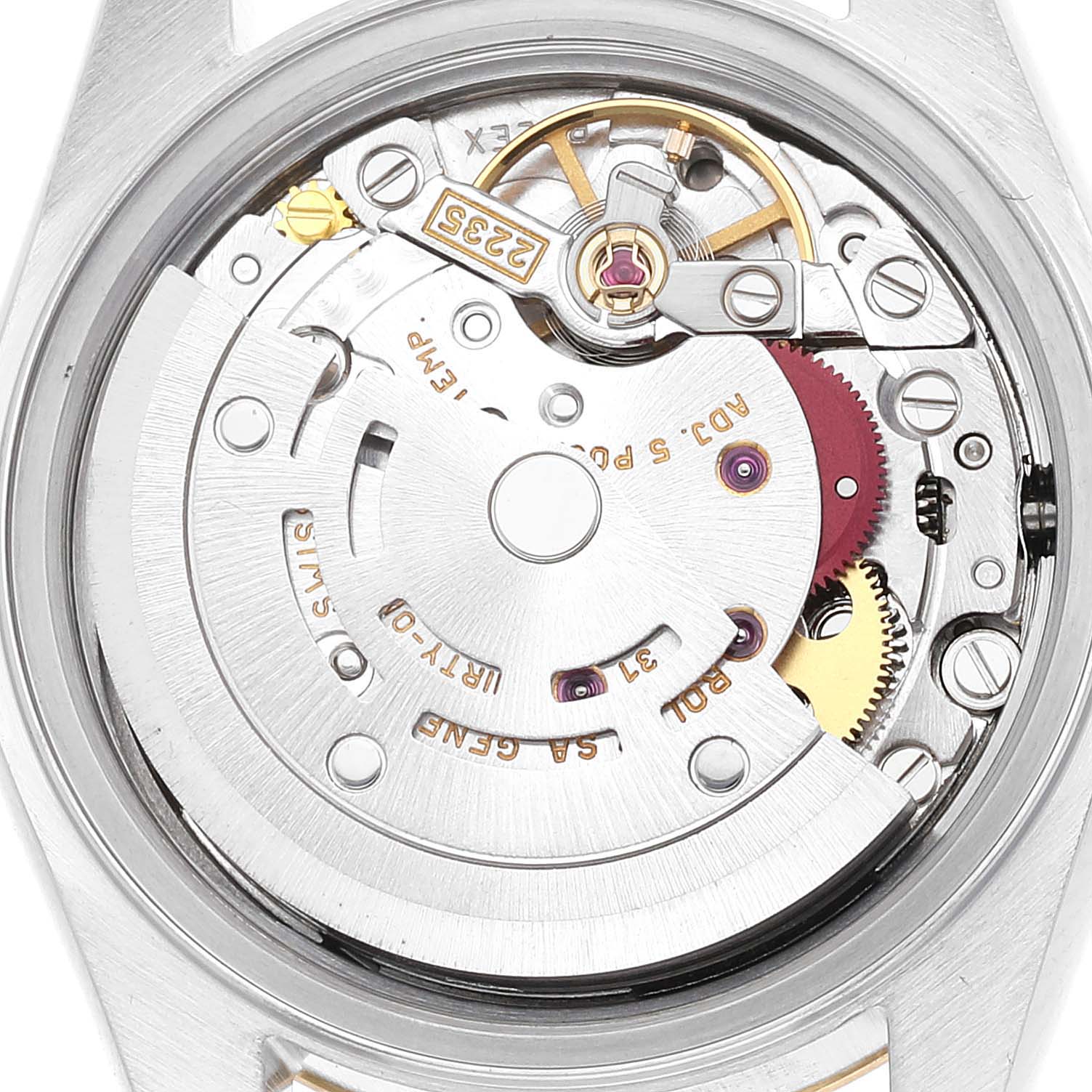 This image shows a close-up view of the movement mechanism inside a Rolex Datejust 79173 Women's Steel and Gold (two tone) Champagne Dial 79173 Women's Steel and Gold (two tone) Champagne Dial watch, highlighting the intricate components.