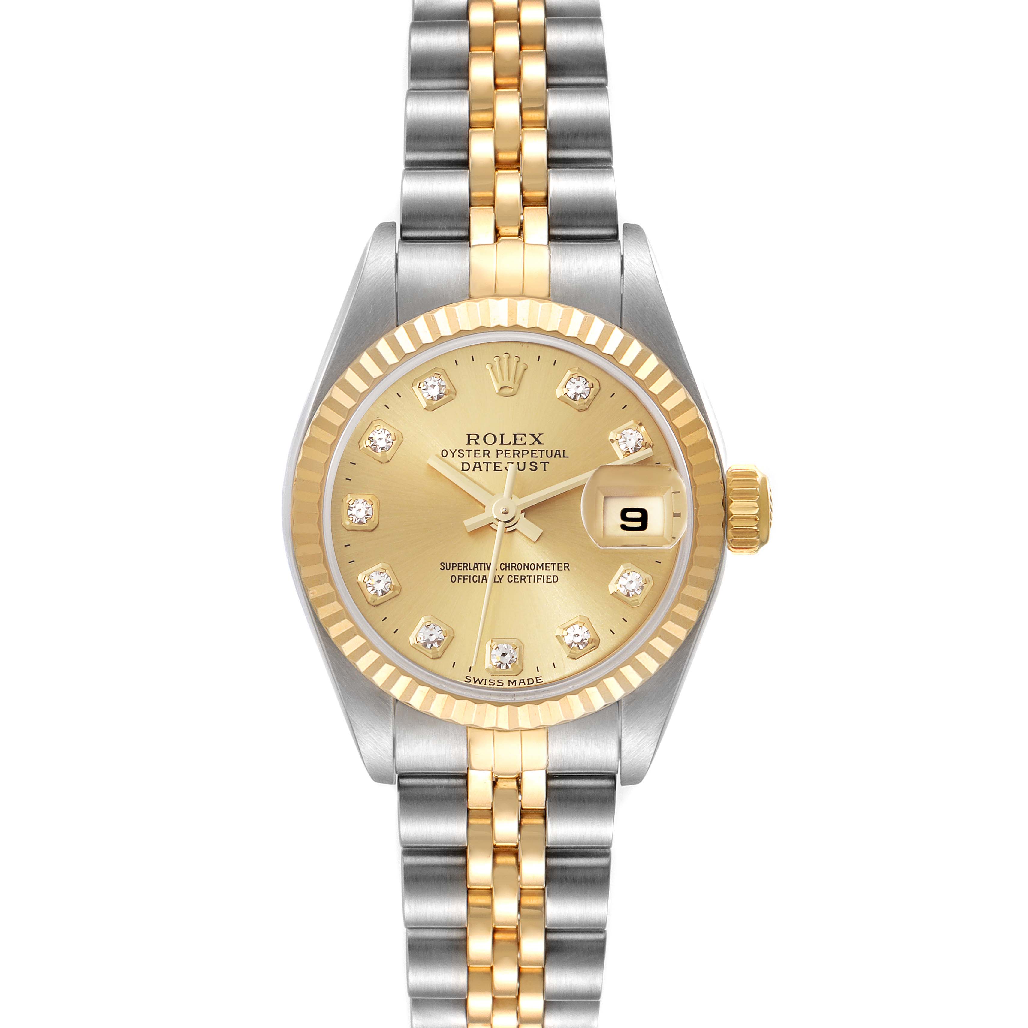 This Rolex Datejust 79173 Women's Steel and Gold (two tone) Champagne Dial 79173 Women's Steel and Gold (two tone) Champagne Dial model is shown from a top-down angle, displaying the face, bezel, crown, and bracelet.