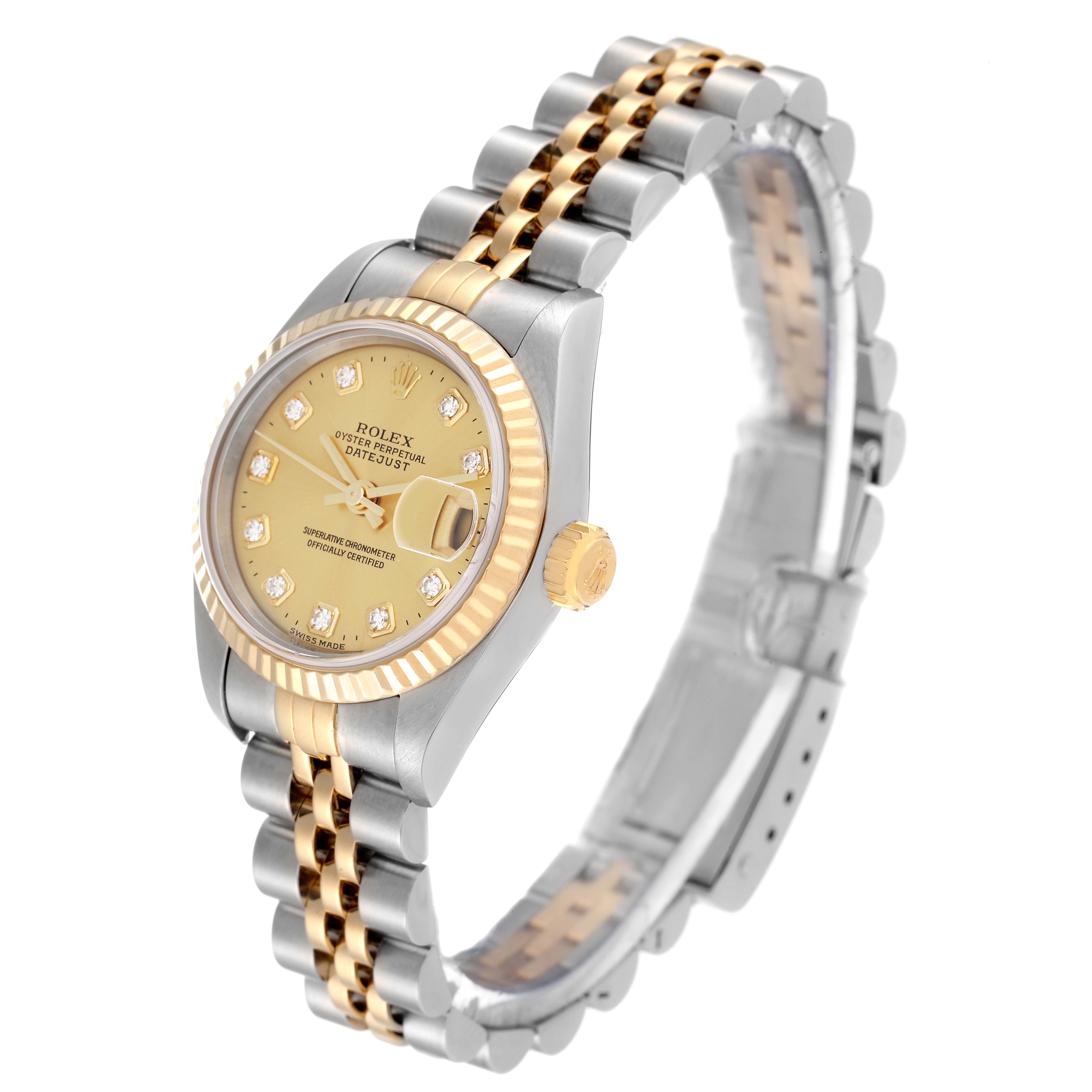 This image shows a side and front angle of a Rolex Datejust 79173 Women's Steel and Gold (two tone) Champagne Dial 79173 Women's Steel and Gold (two tone) Champagne Dial watch, highlighting its dial, bezel, and two-tone bracelet.