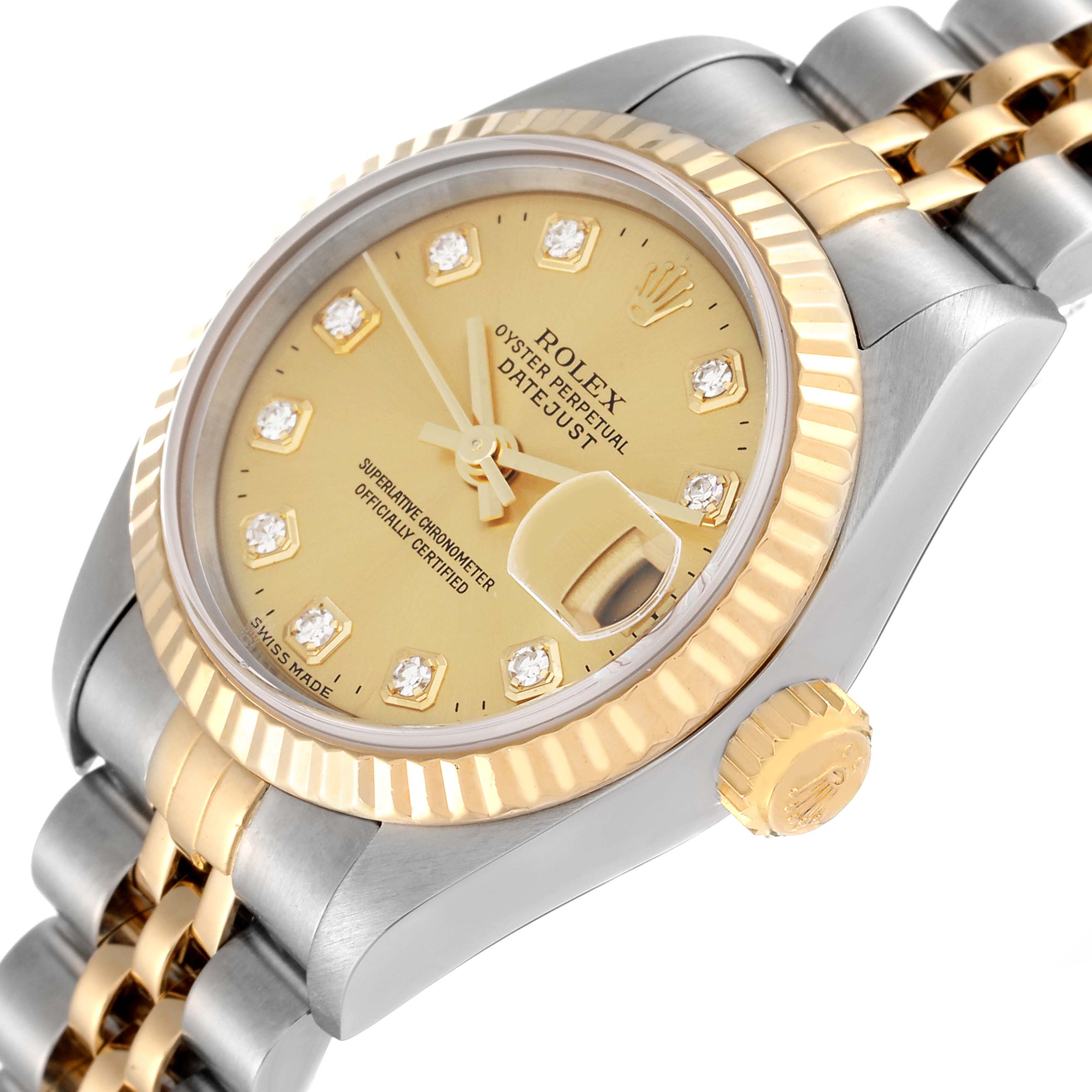 The image shows a close-up, angled view of a Rolex Datejust 79173 Women's Steel and Gold (two tone) Champagne Dial 79173 Women's Steel and Gold (two tone) Champagne Dial watch, highlighting its gold bezel, face, diamond markers, and crown.