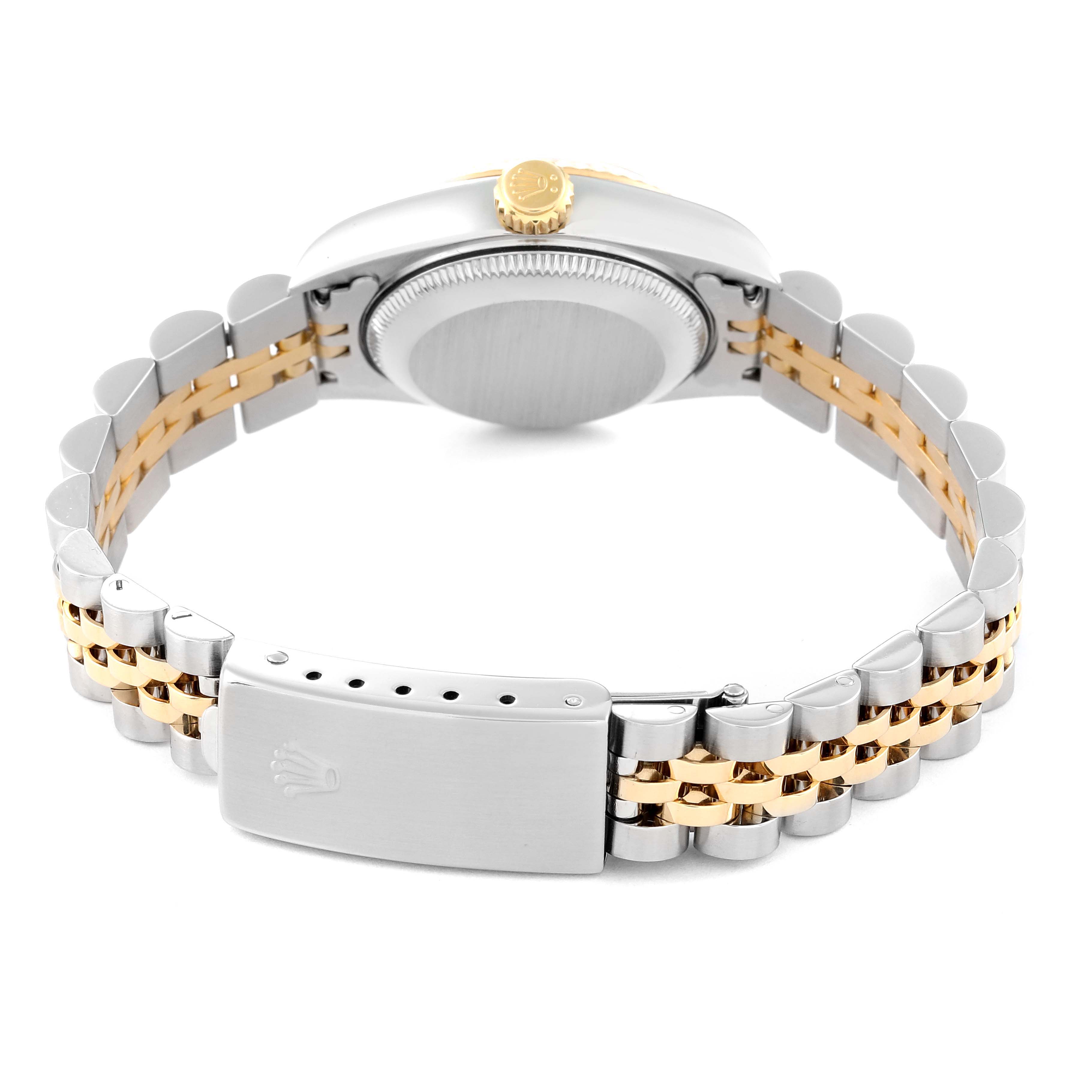 The image shows the back view of a Rolex Datejust 79173 Women's Steel and Gold (two tone) Champagne Dial 79173 Women's Steel and Gold (two tone) Champagne Dial watch, highlighting its bi-metal bracelet and clasp.